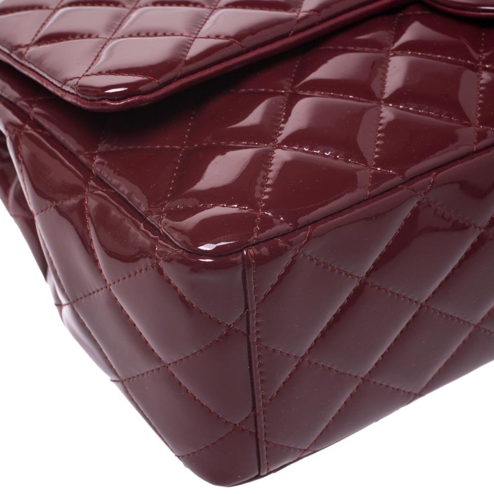 Chanel Maroon Quilted Patent Leather Maxi Classic Double Flap Bag 3