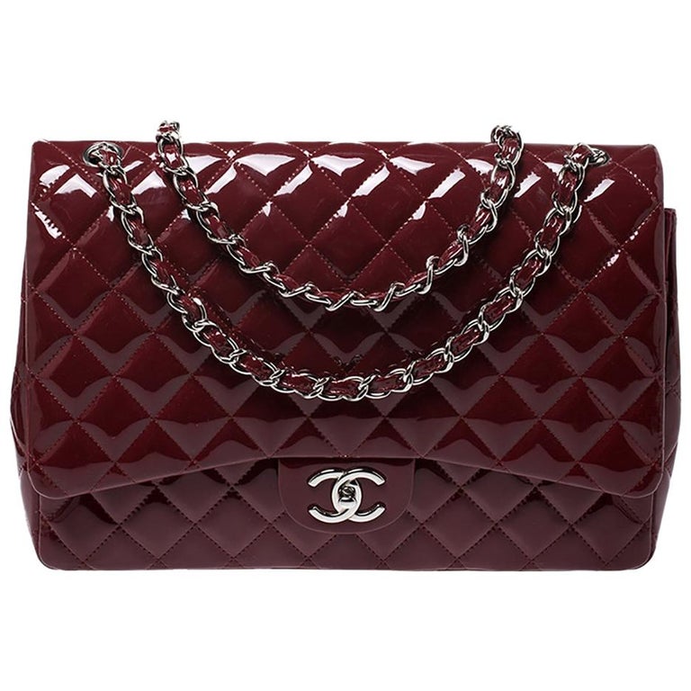 Chanel Maroon Quilted Patent Leather Maxi Classic Double Flap Bag For