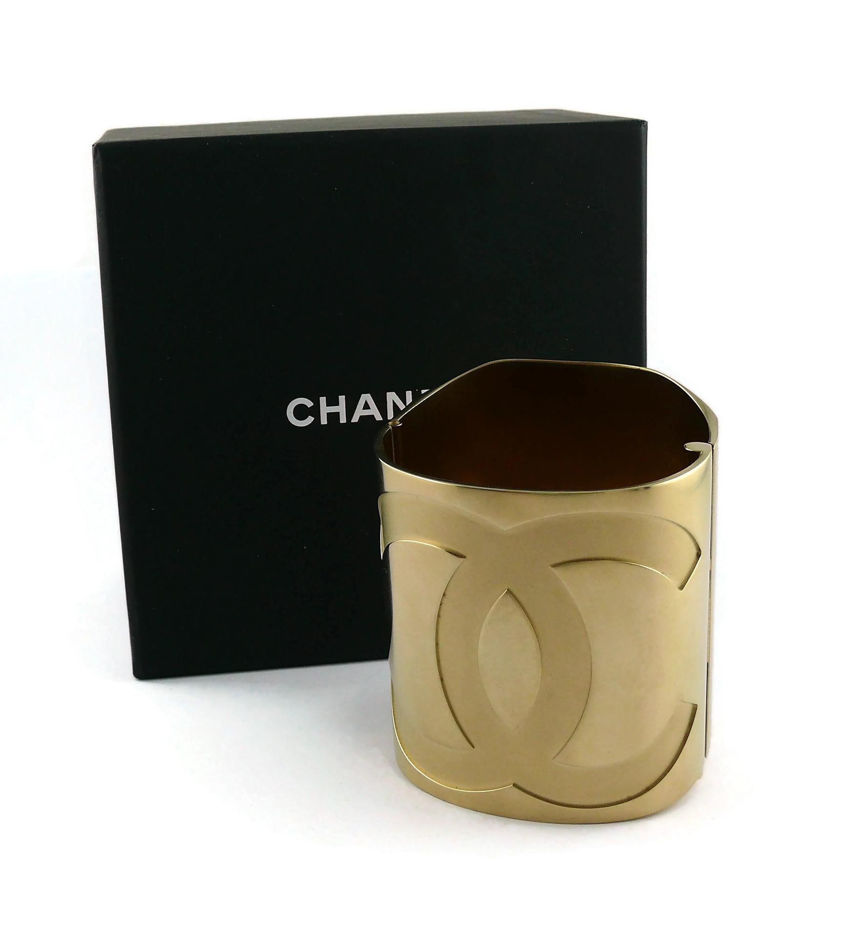 Chanel Massive Gold Toned Mirrored CC Wide Cuff Bracelet at 