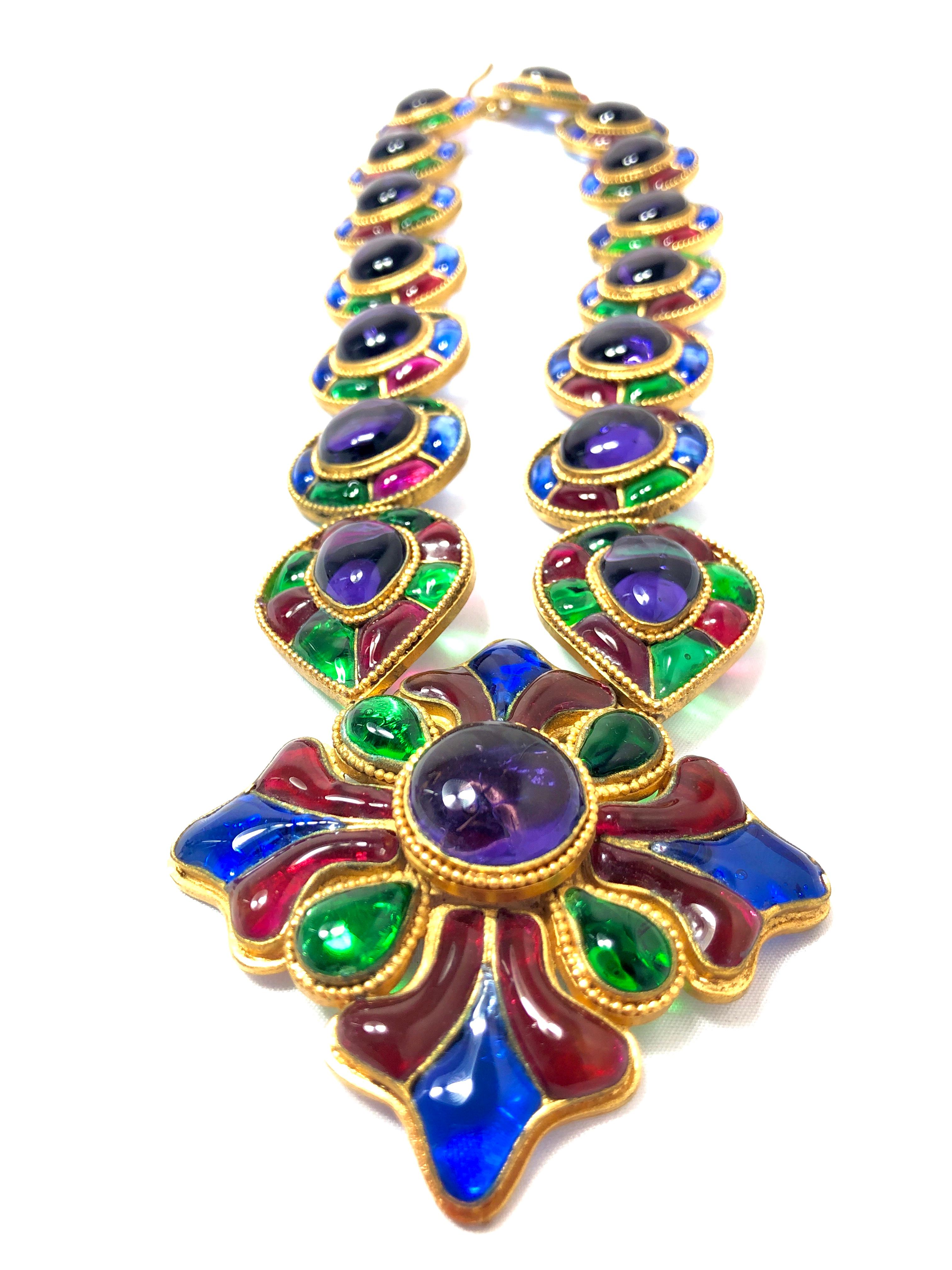 Chanel Masterpiece 80s Gripoix Glass Byzantine Style Necklace & Earrings For Sale 7