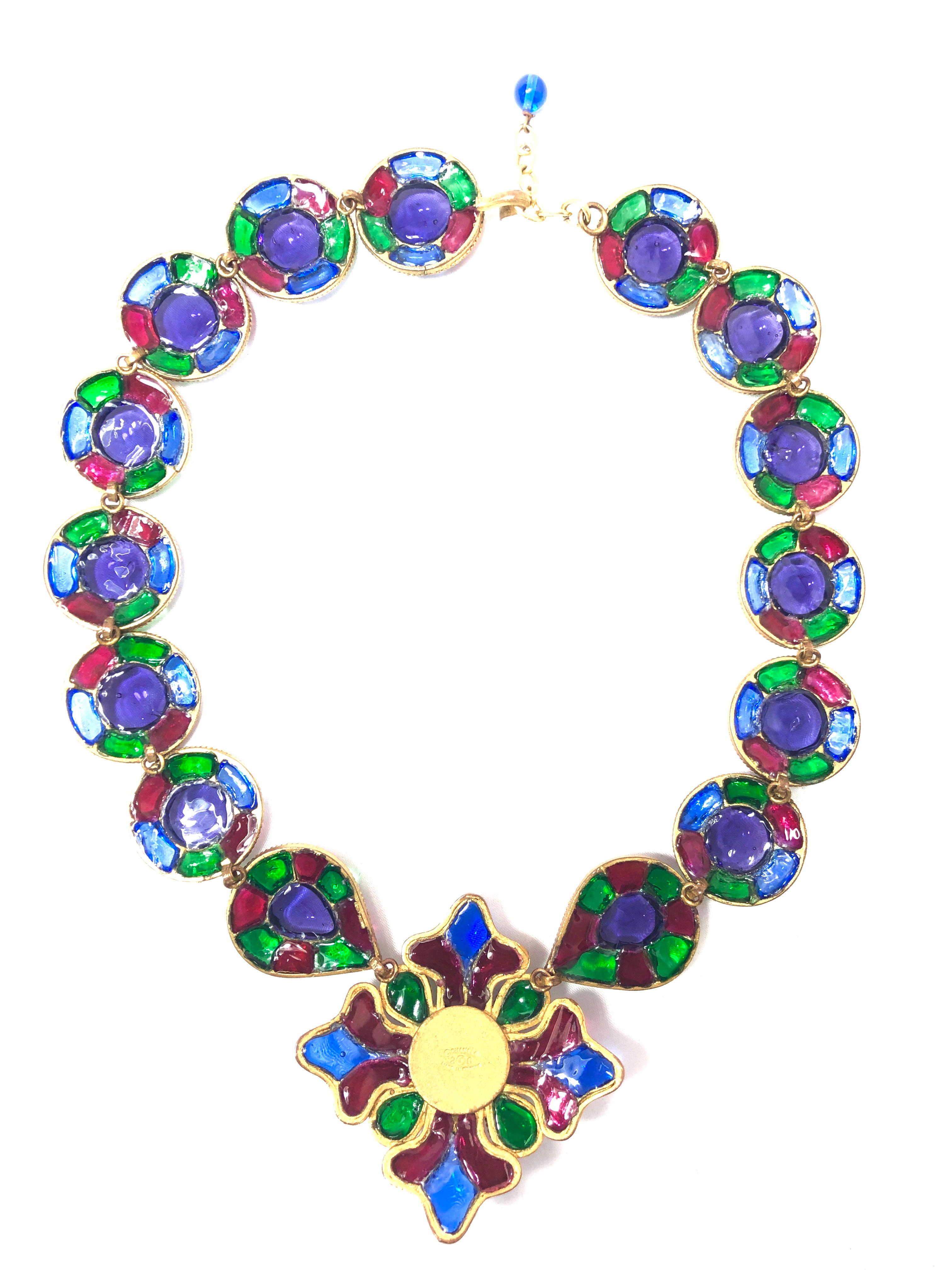 Chanel Masterpiece 80s Gripoix Glass Byzantine Style Necklace & Earrings For Sale 2