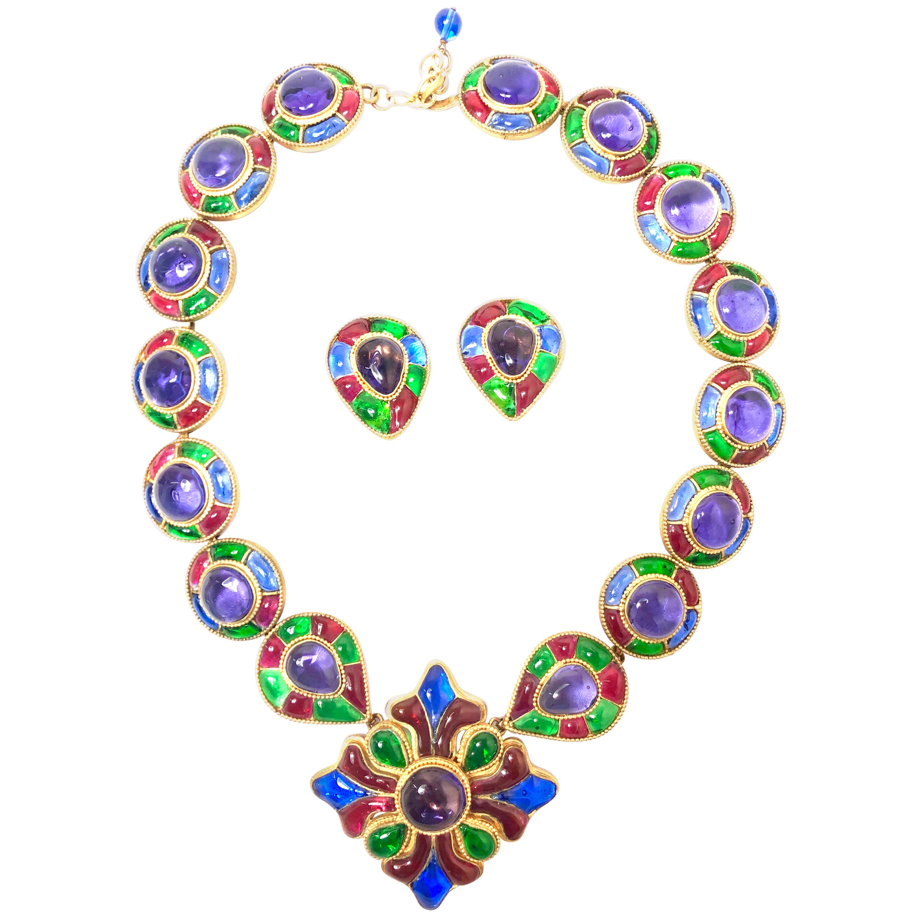 Chanel Masterpiece 80s Gripoix Glass Byzantine Style Necklace & Earrings For Sale