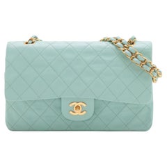 Chanel Matelasse 25 Borsa in pelle di agnello con doppia patta e doppia catena Tiffany Blue