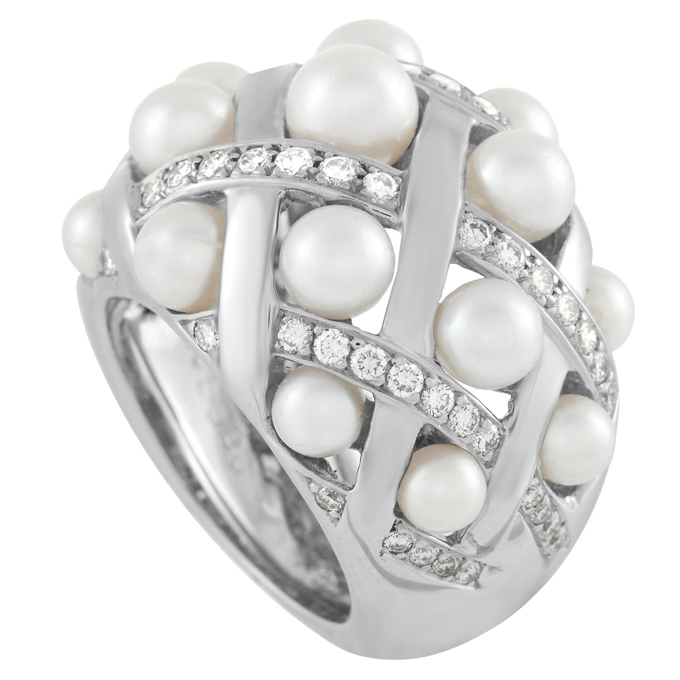 Chanel Matelasse Baroque 18K White Gold 0.75 Ct Diamond and Pearl Ring