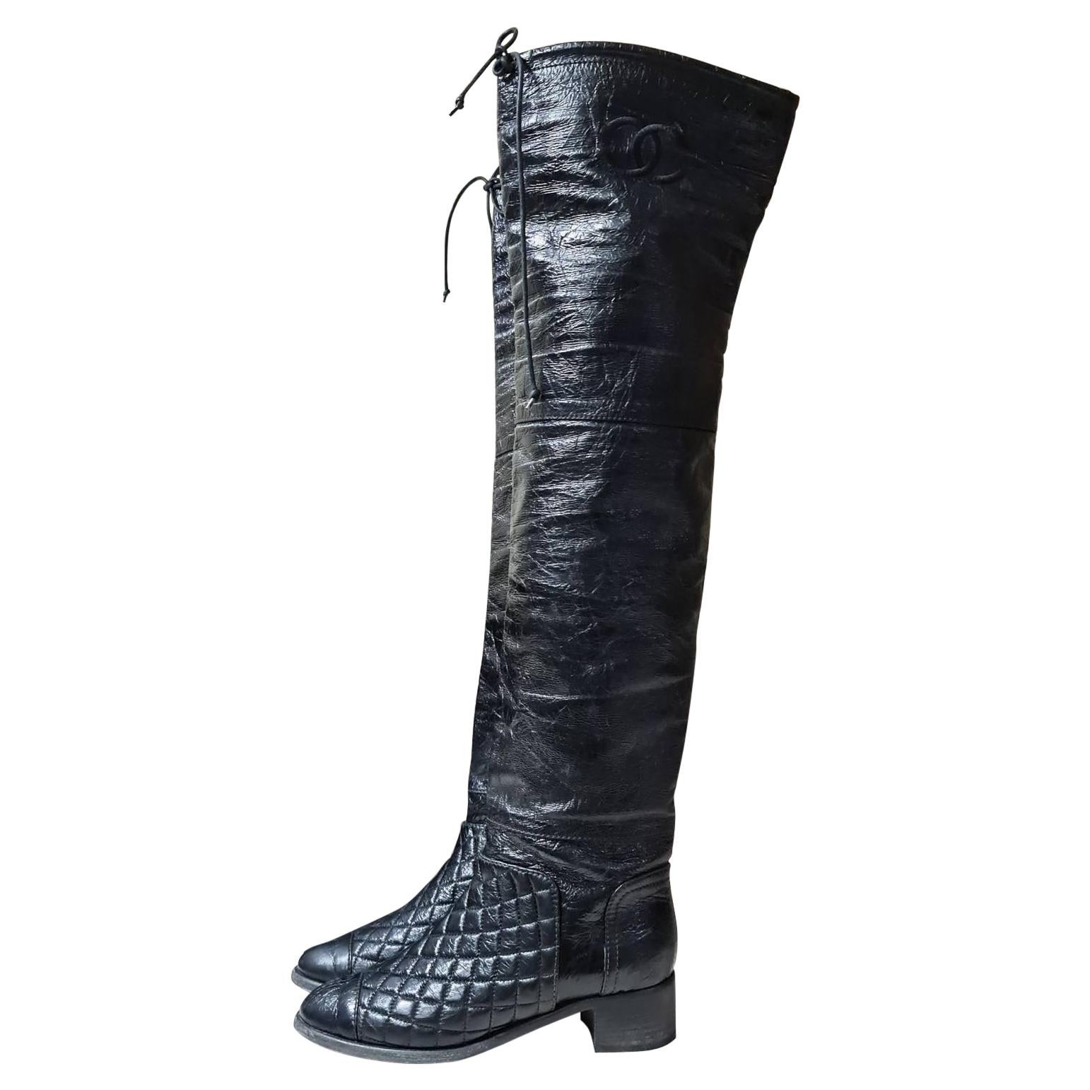 Chanel Matelasse Black Leather Over Knee Boots