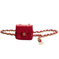 Chanel Matelasse Chain Fanny Belt Red Lambskin Renew Leather Bag