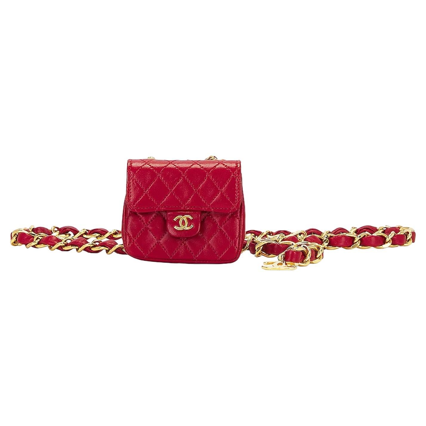 Chanel Matelasse Chain Fanny Belt Red Lambskin Renew Leather Bag For Sale