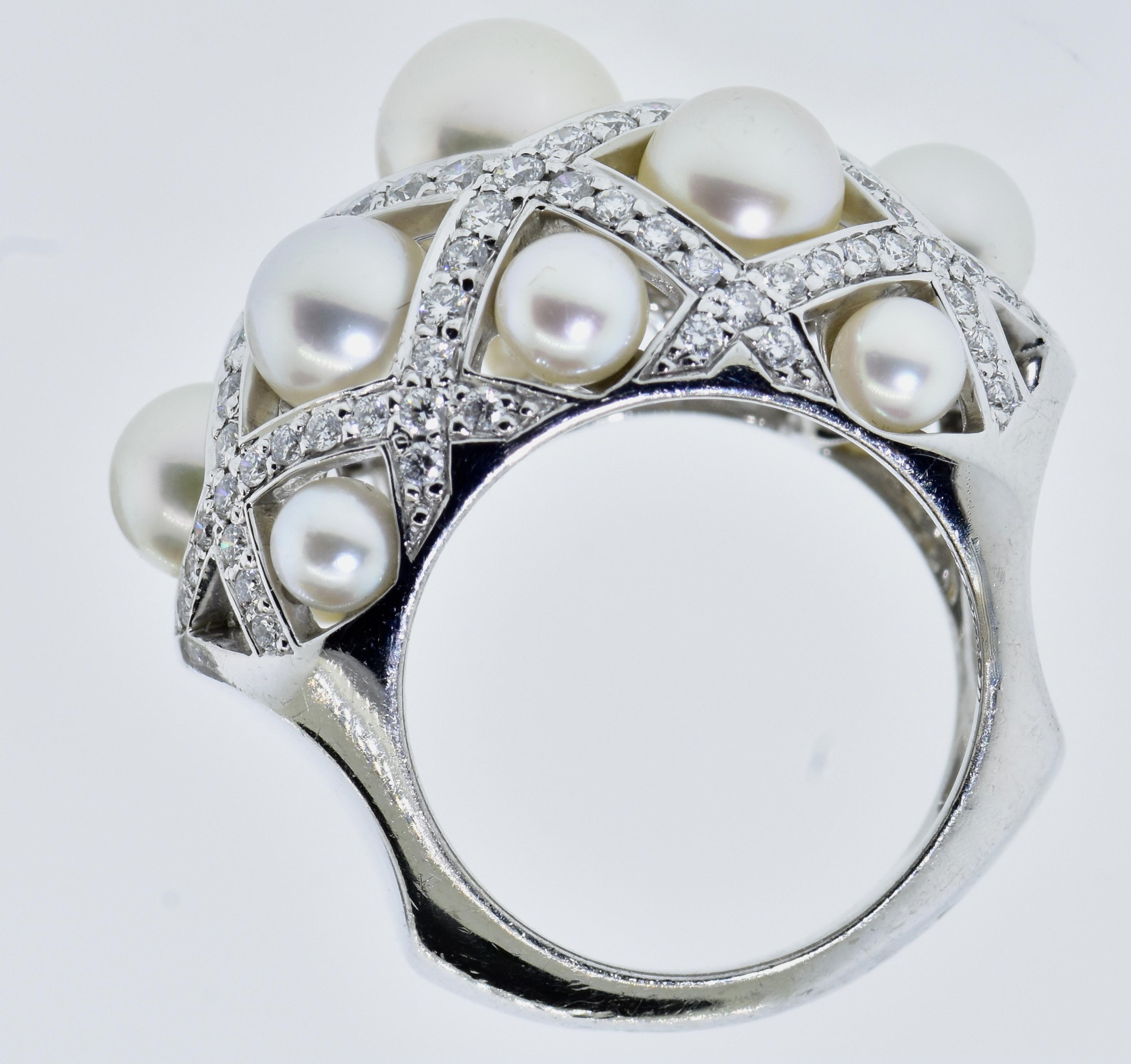 Chanel Matelasse Diamond & Pearl 18K Wide Bangle Bracelet & Matching Ring C 2009 2