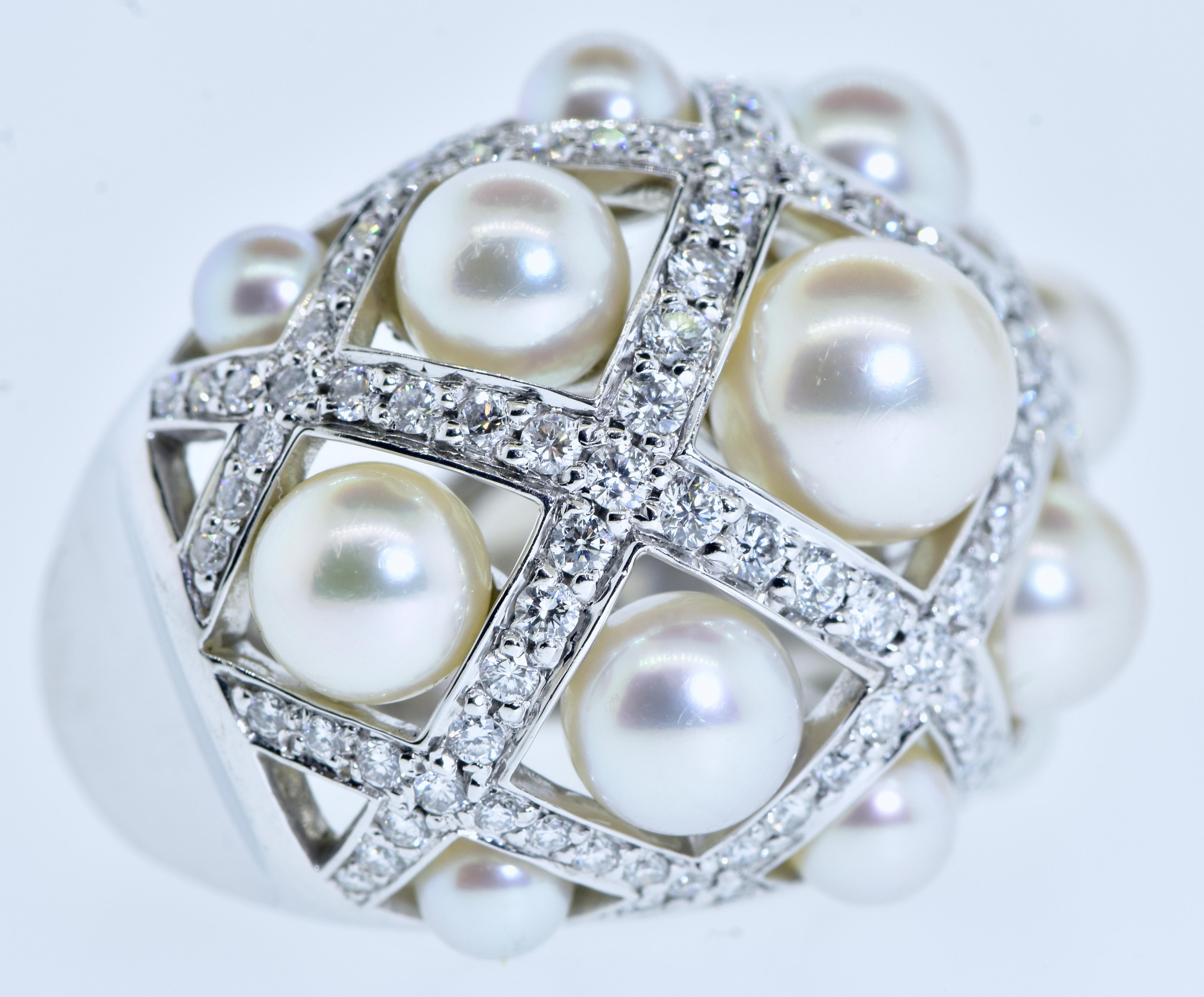 Chanel Matelasse Diamond & Pearl 18K Wide Bangle Bracelet & Matching Ring C 2009 8