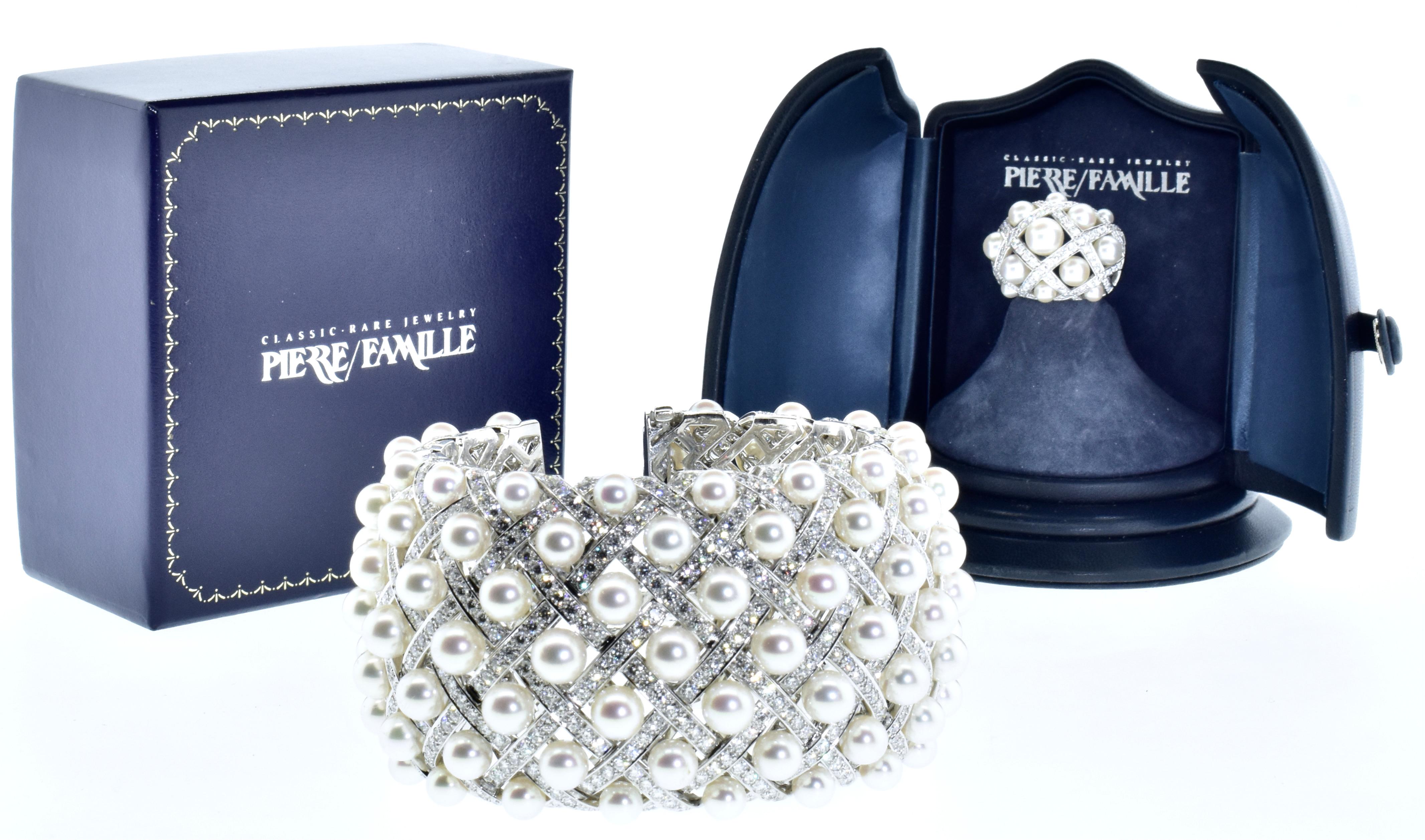 Chanel Matelasse Diamond & Pearl 18K Wide Bangle Bracelet & Matching Ring C 2009 6