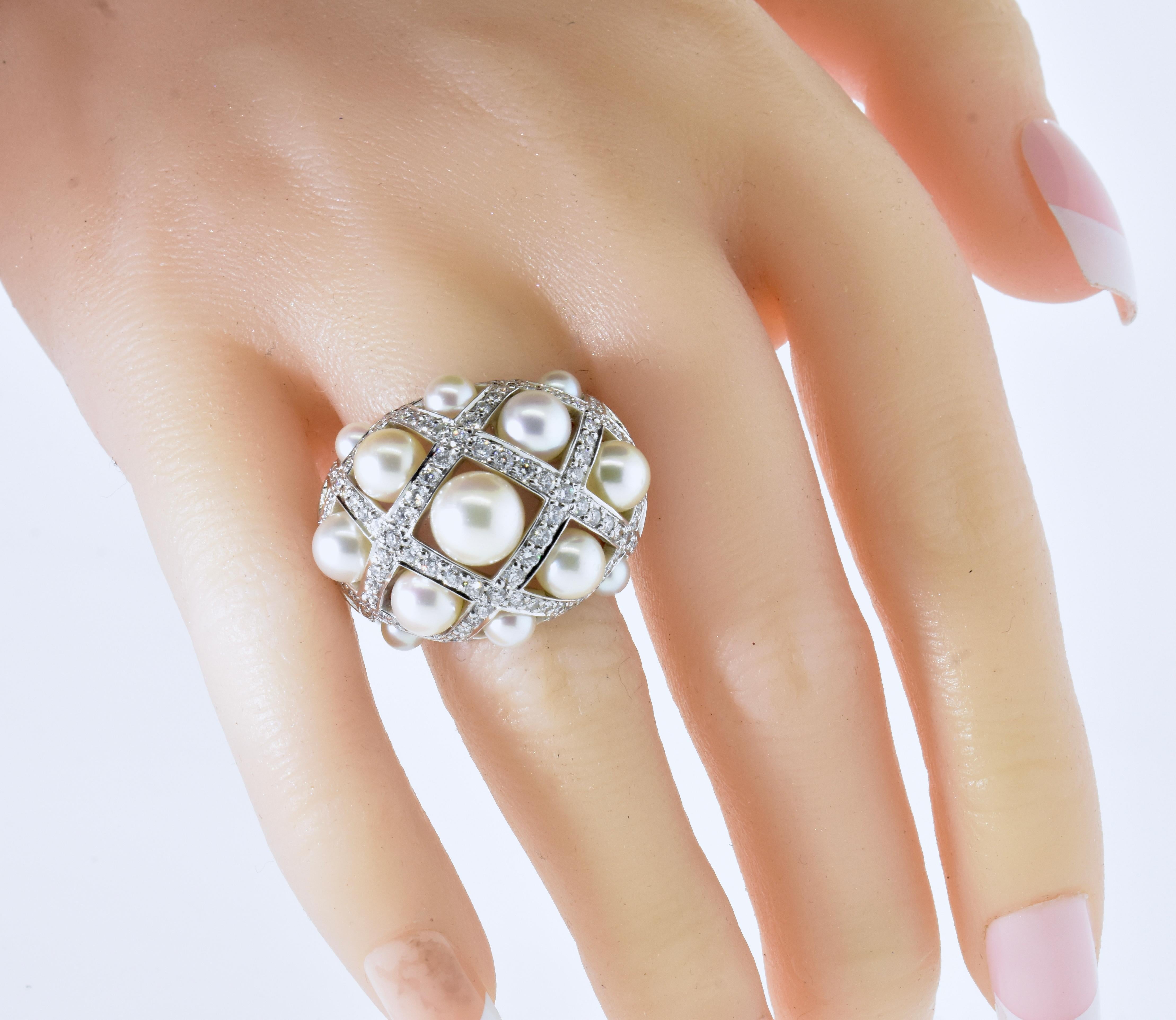 Chanel Matelasse Diamond & Pearl 18K Wide Bangle Bracelet & Matching Ring C 2009 7