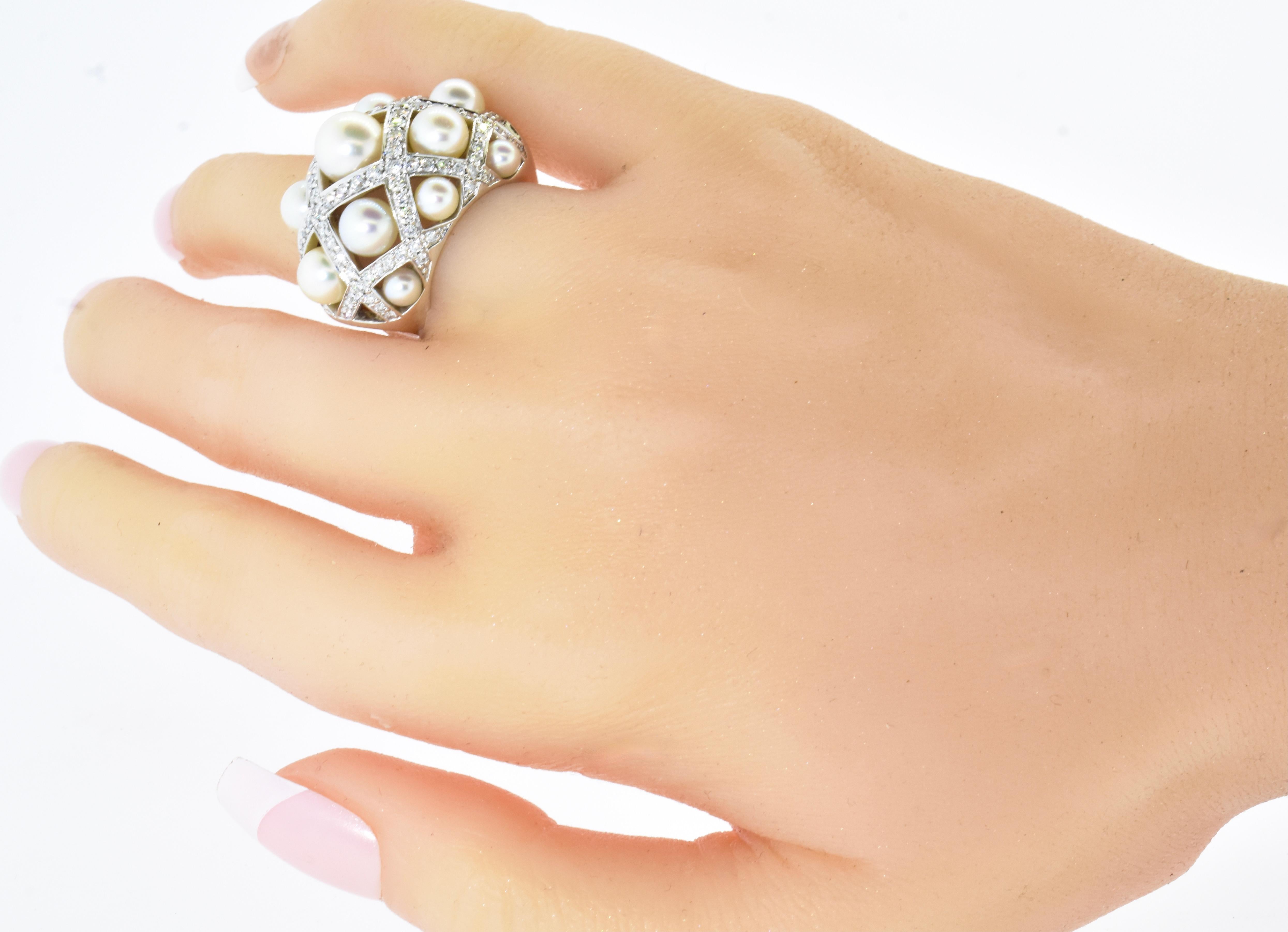 Chanel Matelasse Diamond & Pearl 18K Wide Bangle Bracelet & Matching Ring C 2009 8