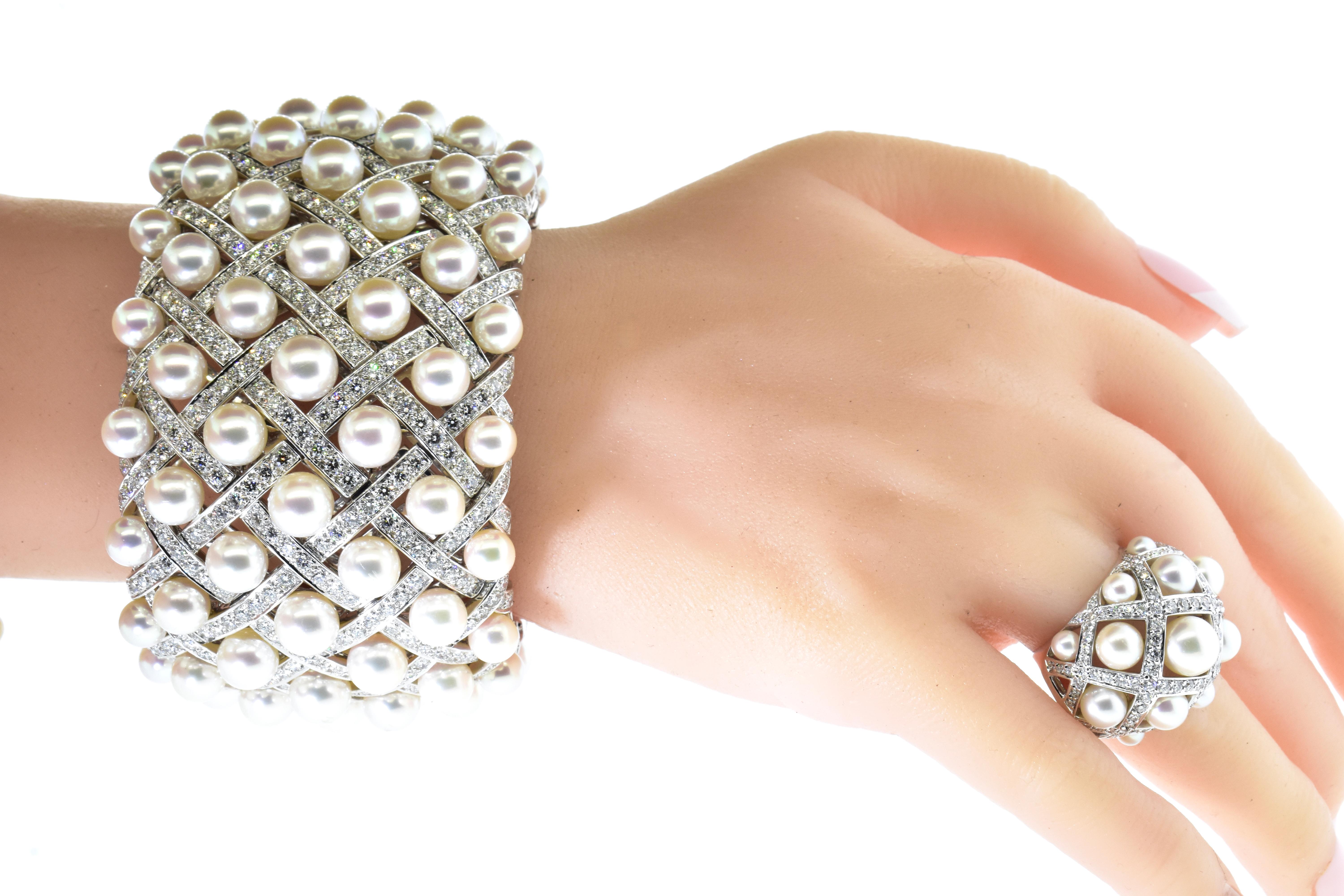 Chanel Matelasse Diamond & Pearl 18K Wide Bangle Bracelet & Matching Ring C 2009 10