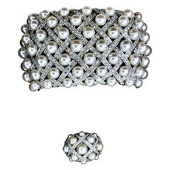 Chanel Matelasse Diamond & Pearl 18K Wide Bangle Bracelet & Matching Ring C 2009