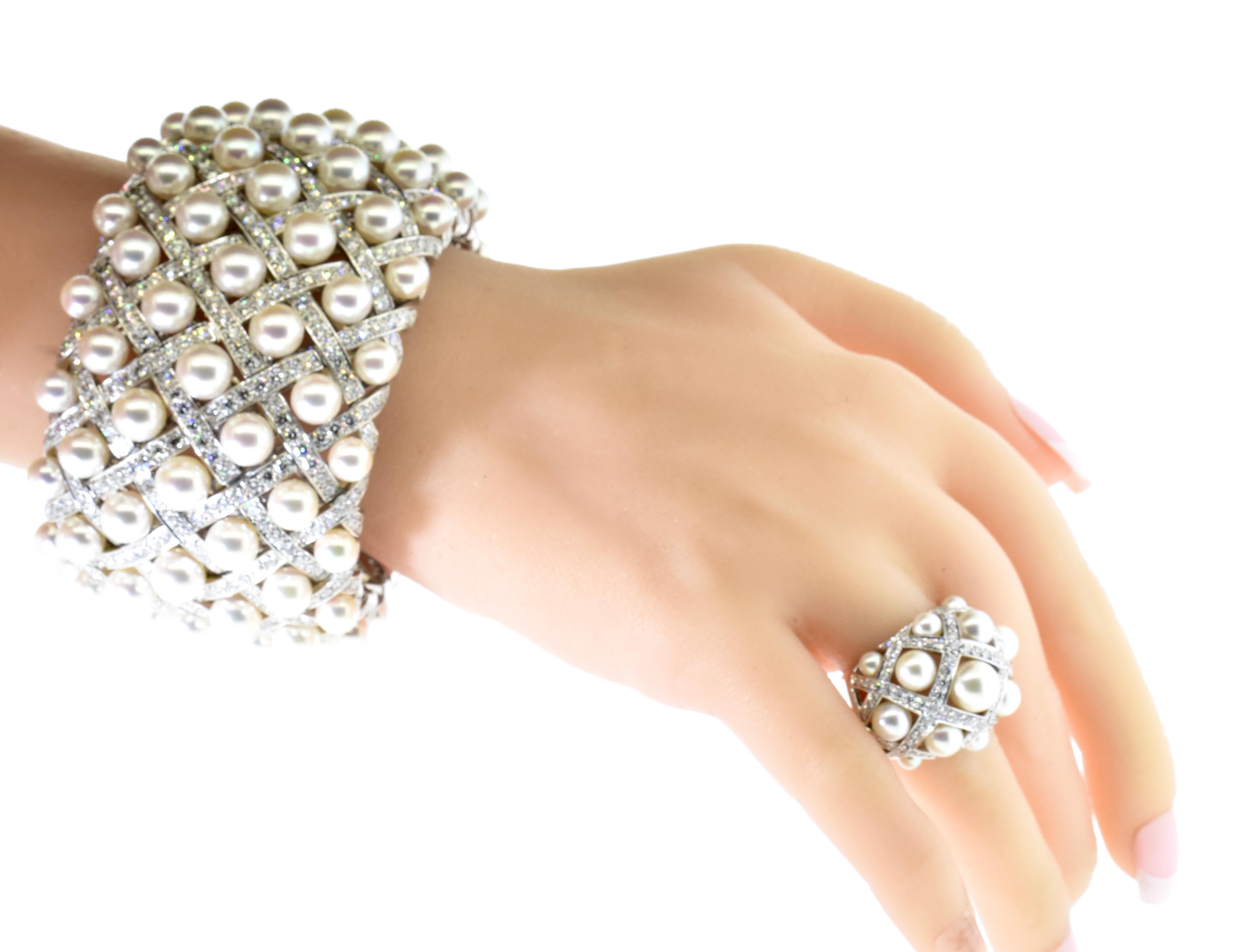 Brilliant Cut Chanel Matelasse Diamond & Pearl 18K Wide Bangle Bracelet & Matching Ring C 2009
