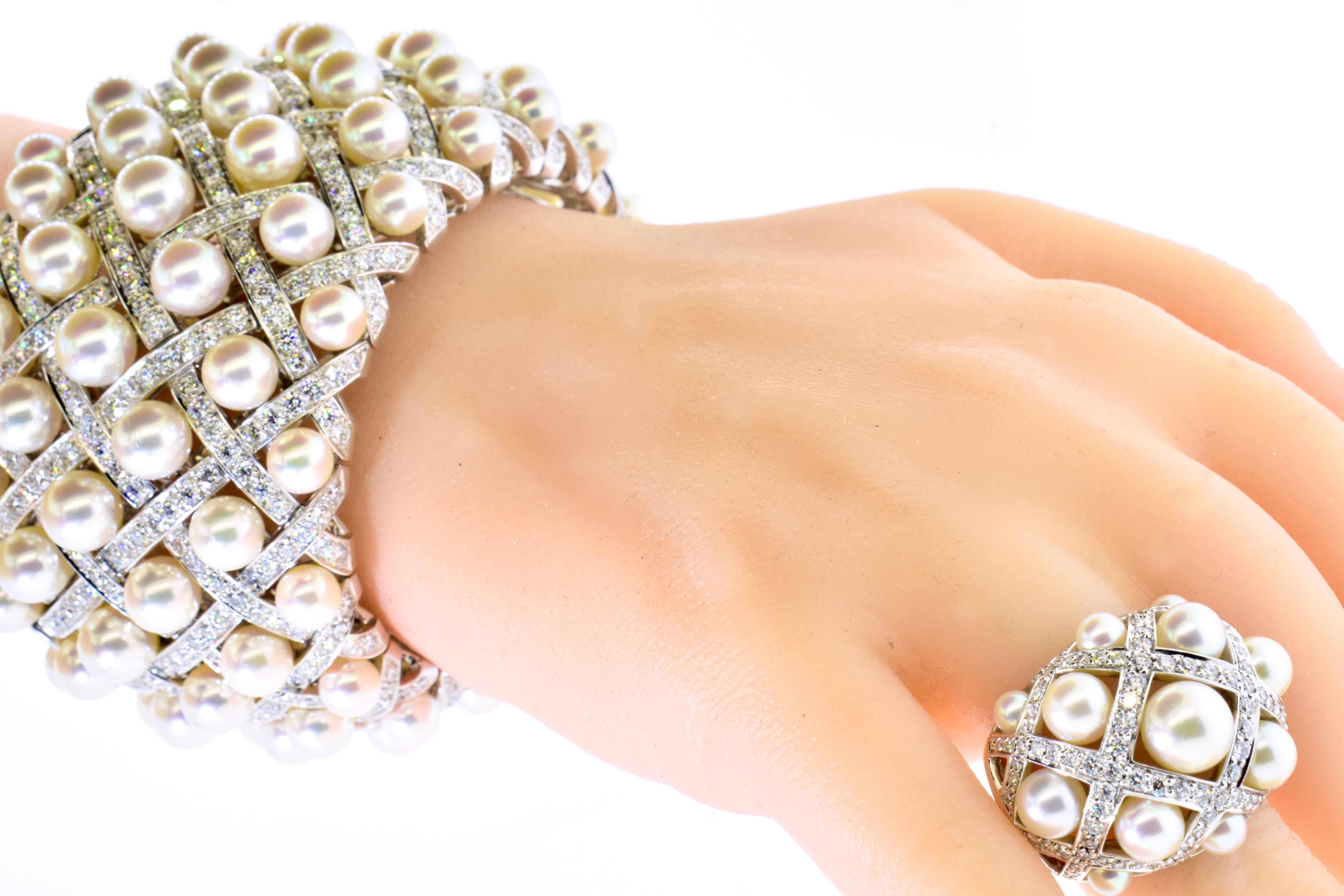 Chanel Matelasse Diamond & Pearl 18K Wide Bangle Bracelet & Matching Ring C 2009 11