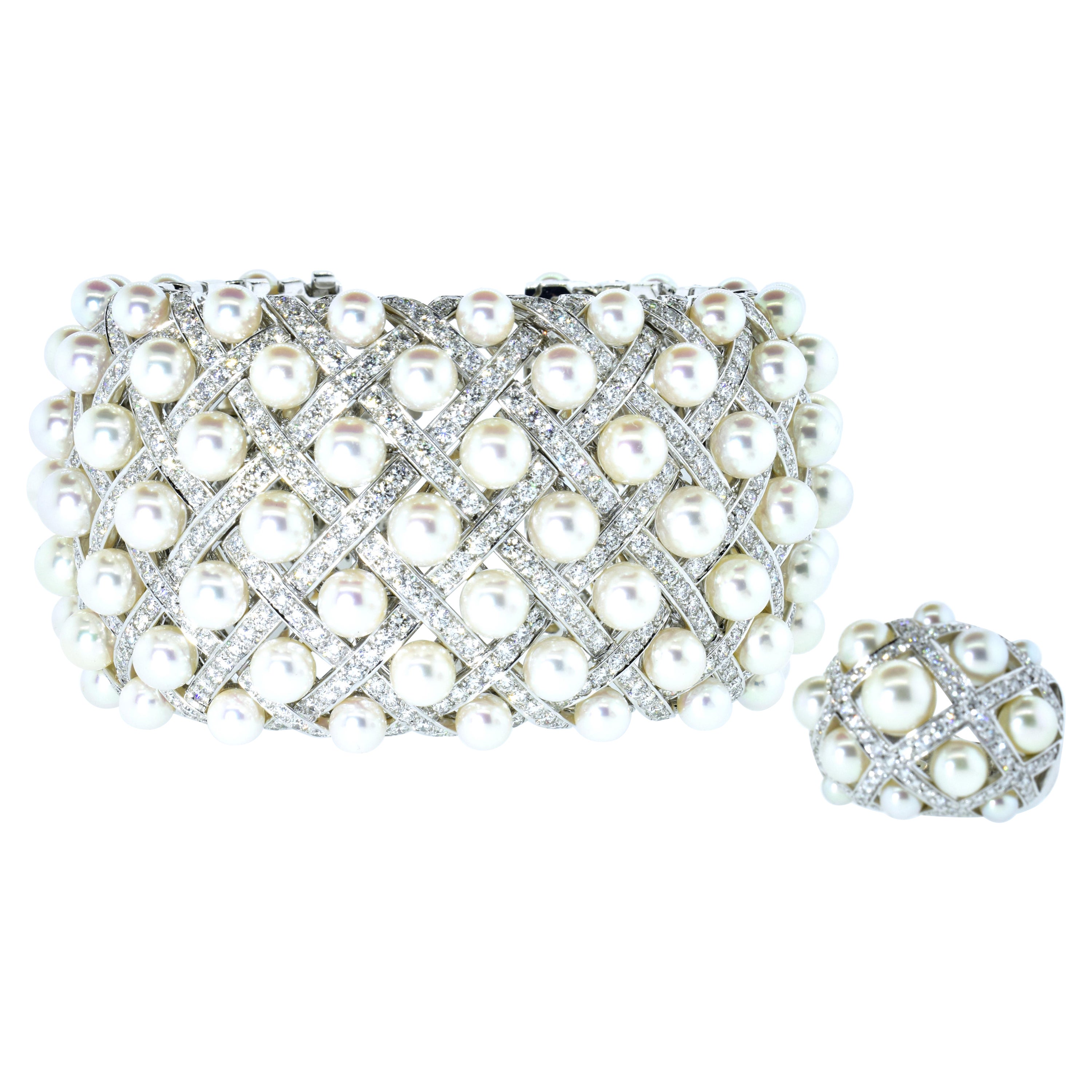 Chanel Matelasse Diamant & Perle 18K Breites Armreif-Armband & passender Ring C 2009 (Zeitgenössisch)