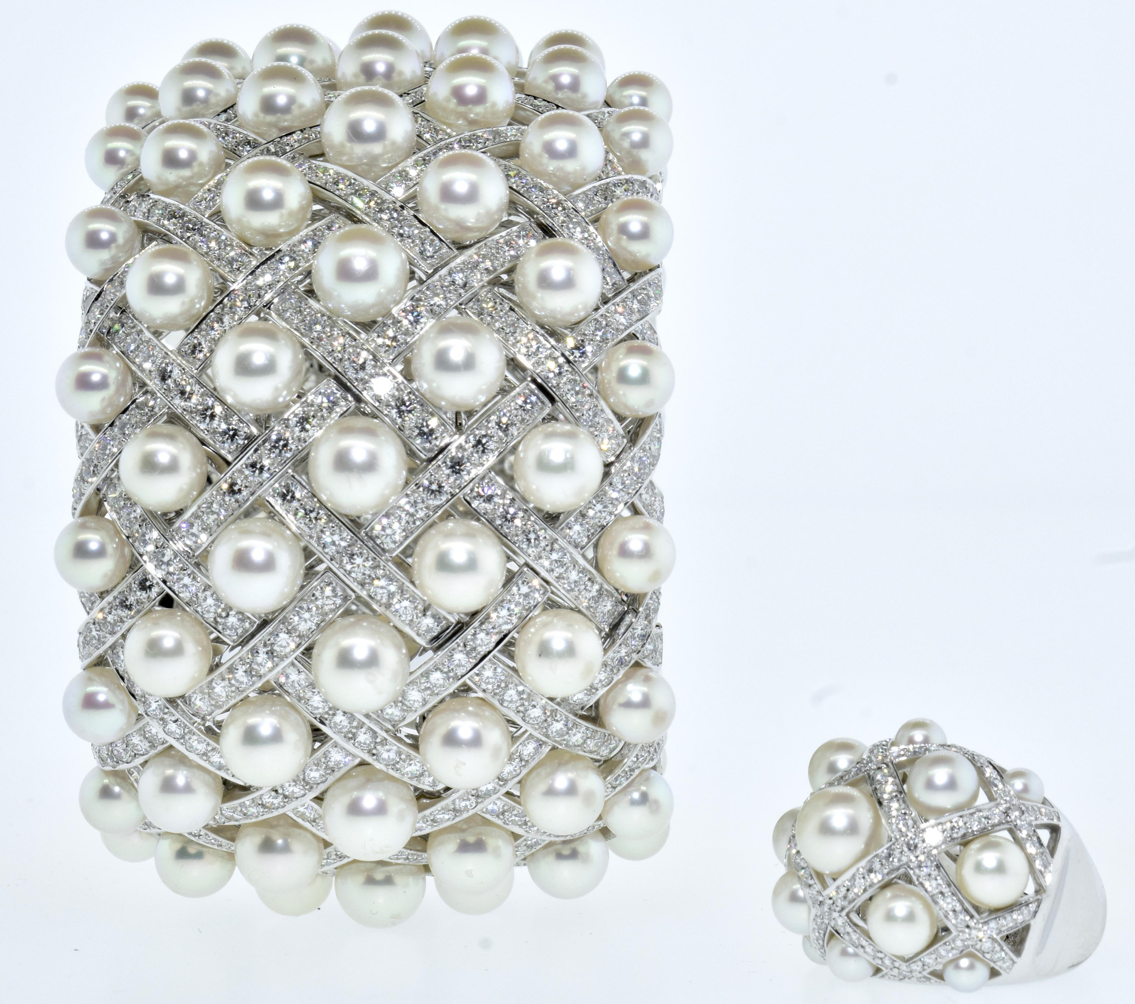 Chanel Matelasse Diamant & Perle 18K Breites Armreif-Armband & passender Ring C 2009 (Brillantschliff)
