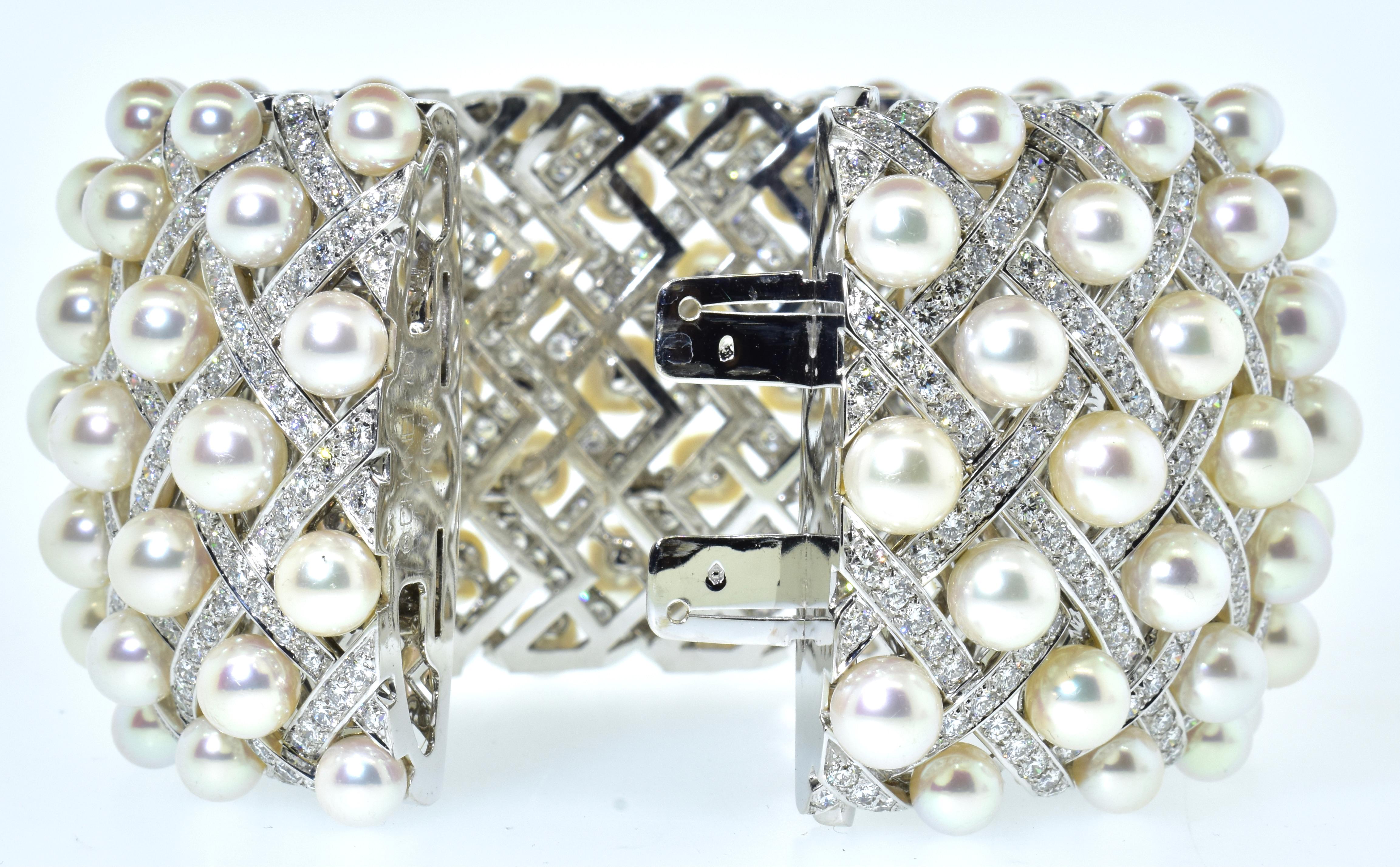 Contemporary Chanel Matelasse Diamond & Pearl 18K Wide Bangle Bracelet & Matching Ring C 2009