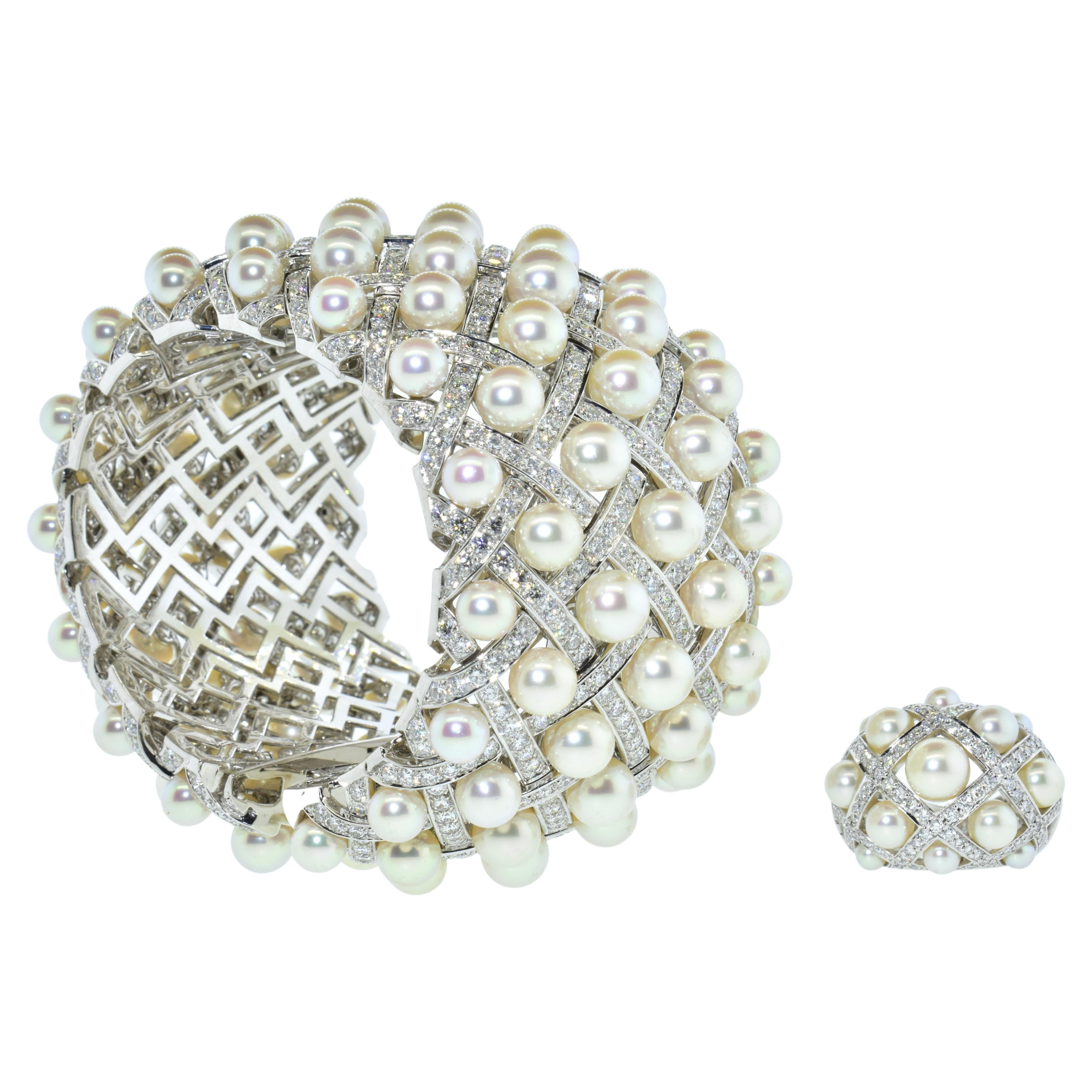 Chanel Matelasse Diamond & Pearl 18K Wide Bangle Bracelet & Matching Ring C 2009 1