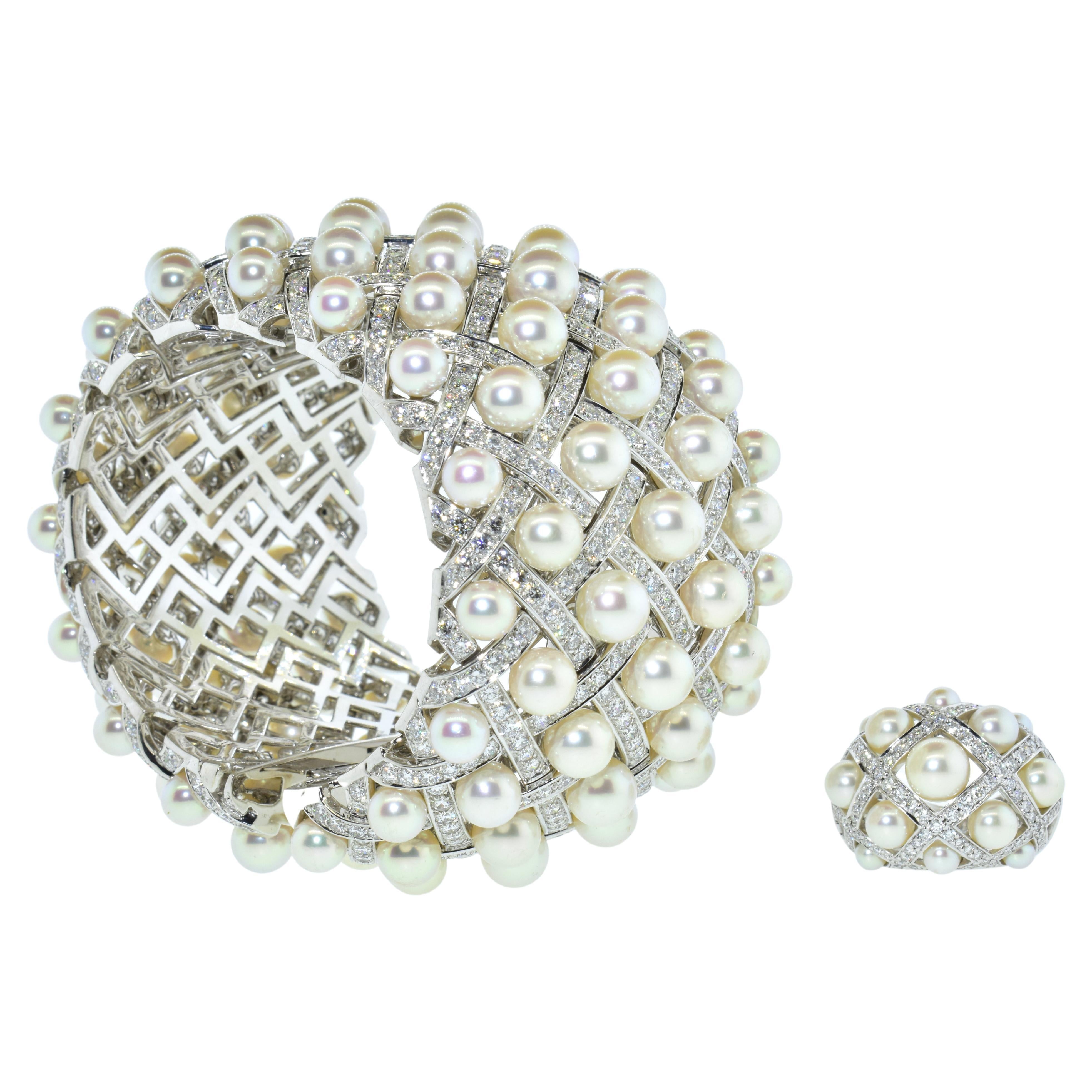 Chanel Matelasse Diamant & Perle 18K Breites Armreif-Armband & passender Ring C 2009