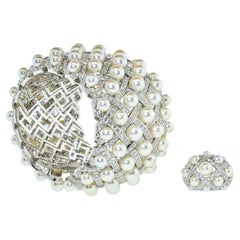 Chanel Matelasse Diamant & Perle 18K Breites Armreif-Armband & passender Ring C 2009