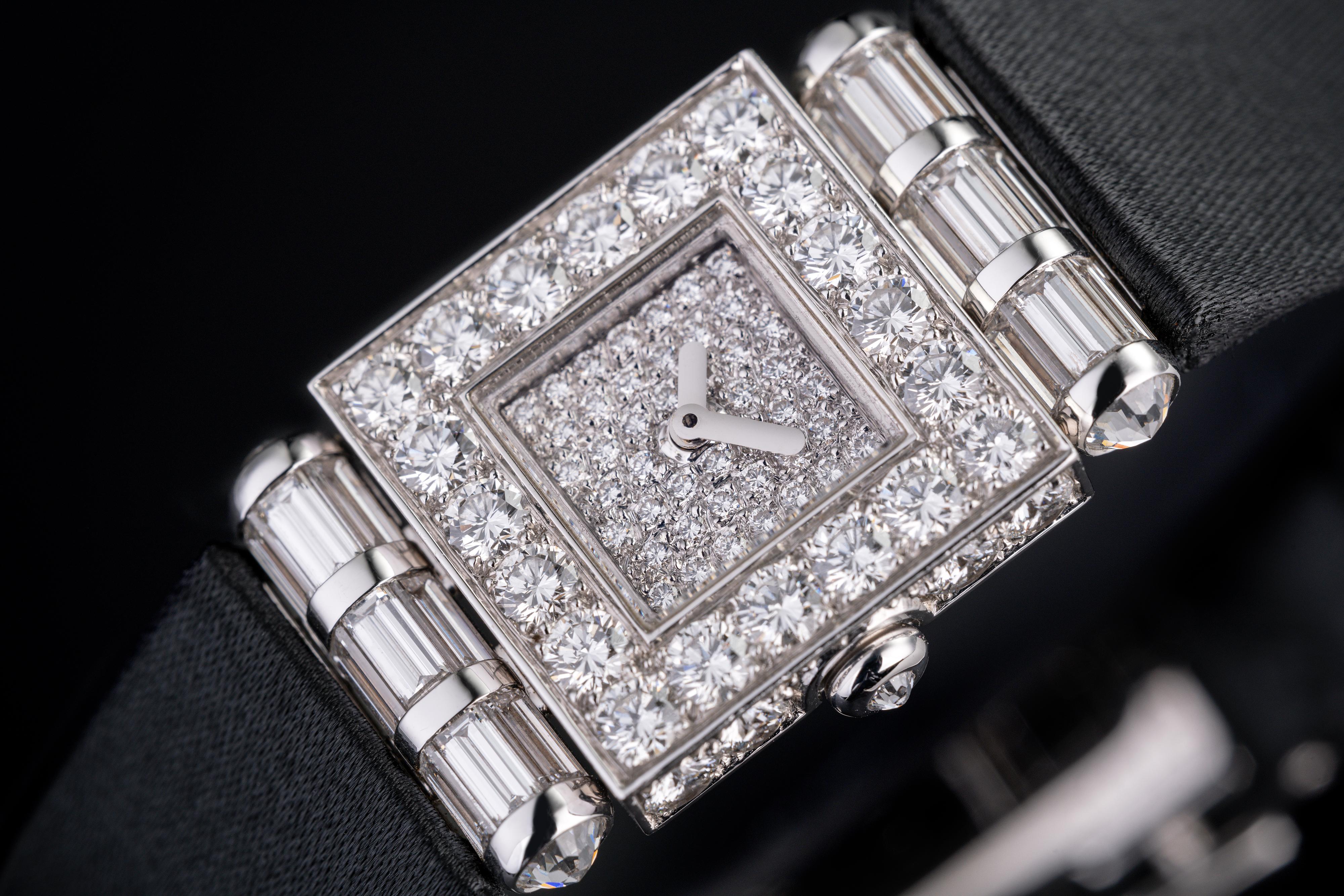 This high jewellery Chanel Matelasse watch is delicately stunning and looks amazing on the wrist. Featuring a bezel of 20 brilliant cut diamonds and baguette set lugs, the pavé dial just adds to the brilliance. Quartz powered and fitted to a brand