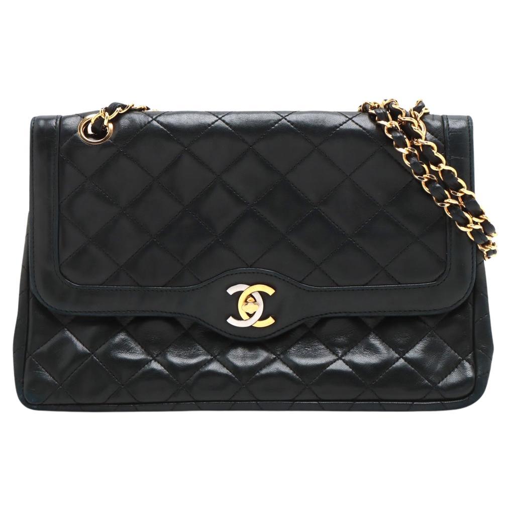 Chanel Matelasse Lambskin Paris Double Flap Double Chain Bag Black