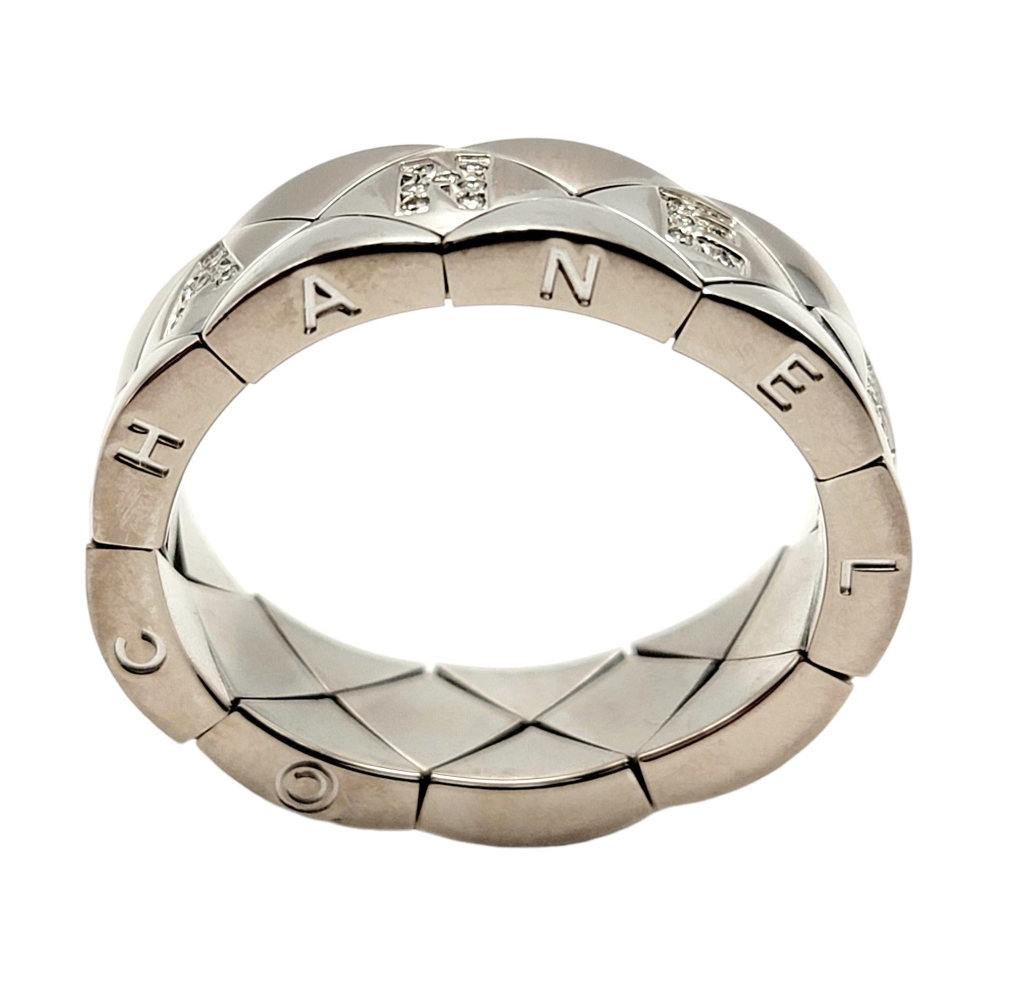 Contemporary Chanel Matelasse Quilted Logo Band Ring 18 Karat White Gold with Diamond Accents