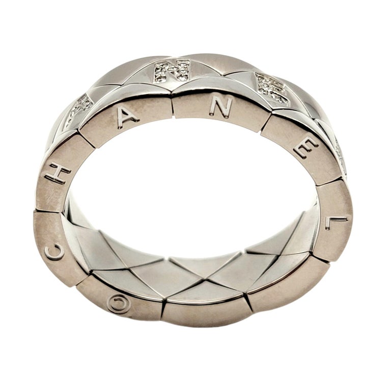 Chanel Matelasse Quilted Logo Band Ring 18 Karat White Gold with Diamond  Accents