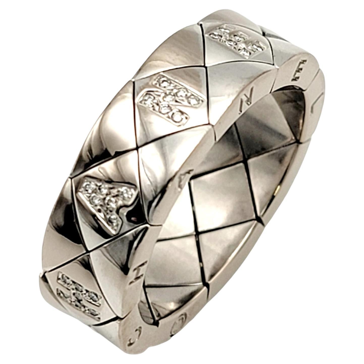 Chanel - Matelasse Quilted Logo Band Ring 18 Karat Accents Contemporary Diamond White Gold