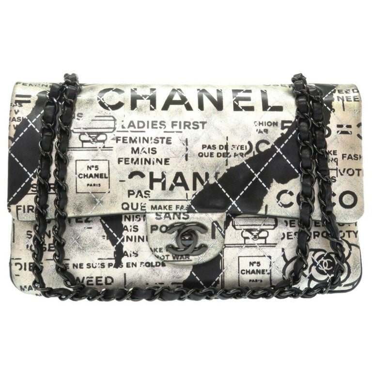 Chanel Matrasse Print Double Flap 2 Leather Silver Black Chain Shoulder Bag  For Sale at 1stDibs