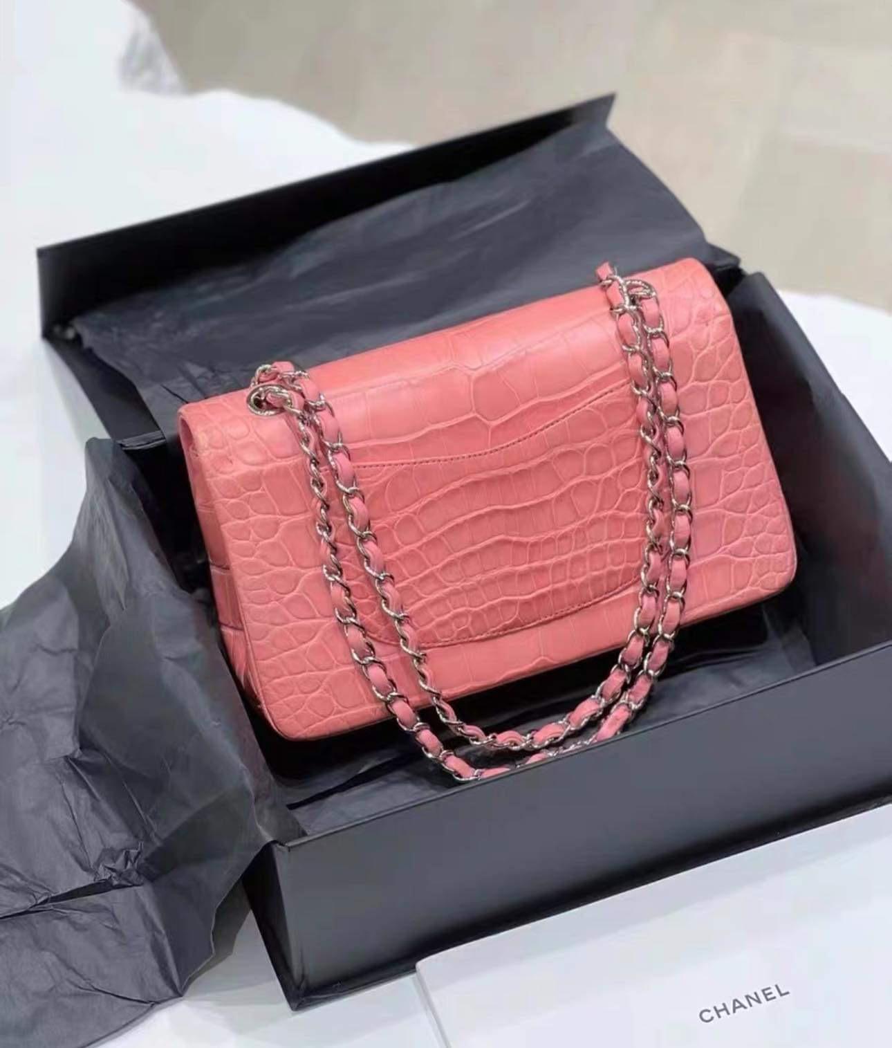 Black Chanel Matte Pink Terracotta Alligator Double Flap Bag with SHW For Sale