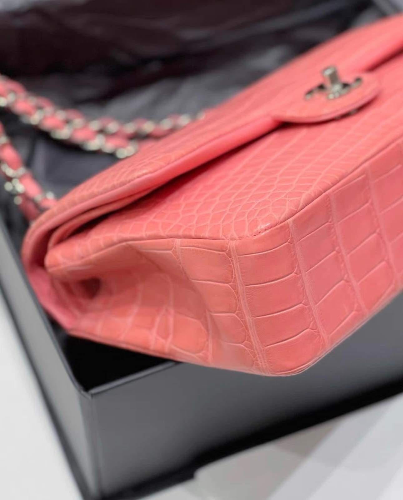 Women's or Men's Chanel Matte Pink Terracotta Alligator Double Flap Bag with SHW For Sale