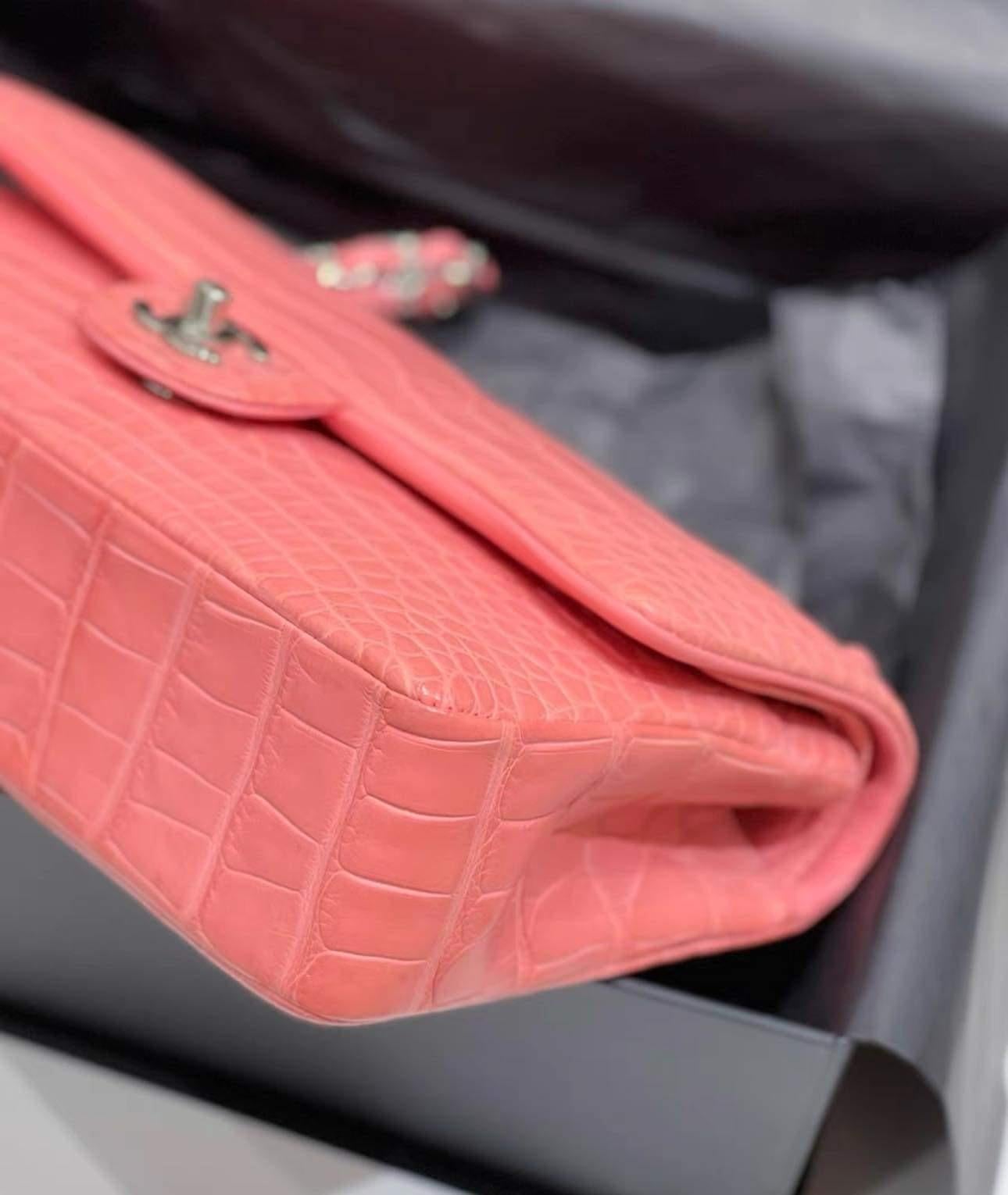 Chanel Matte Pink Terracotta Alligator Double Flap Bag with SHW For Sale 1