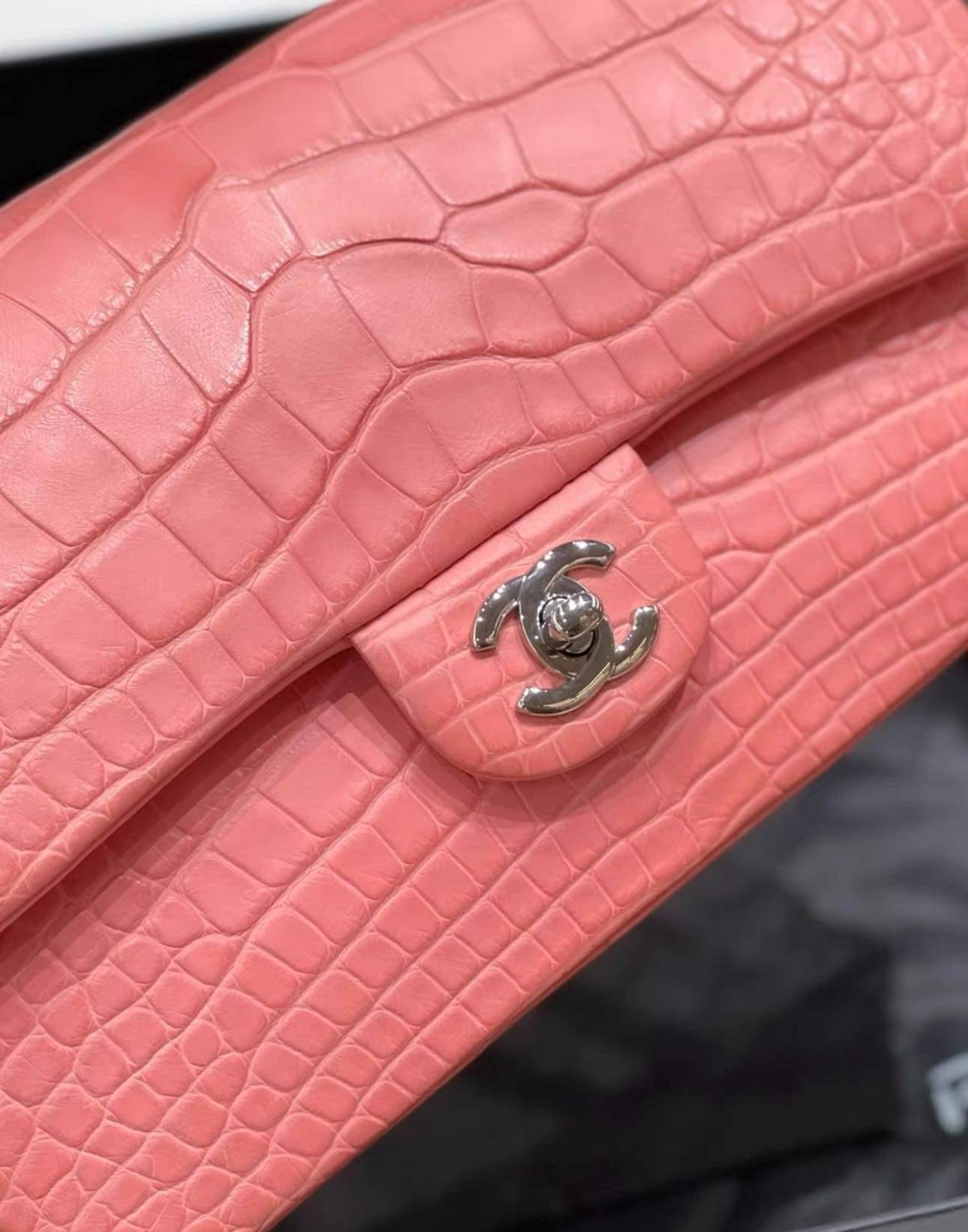 Chanel Matte Pink Terracotta Alligator Double Flap Bag with SHW For Sale 3