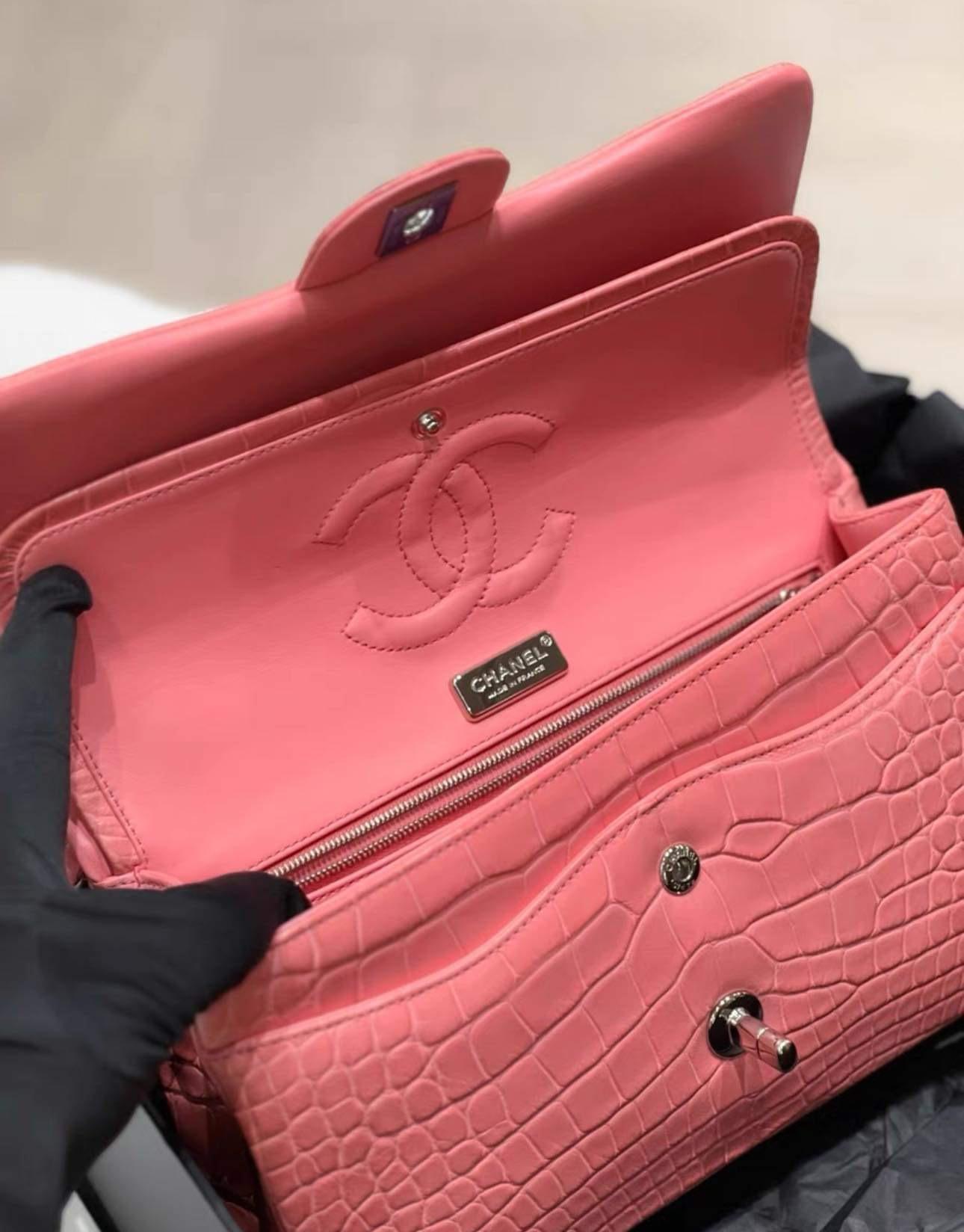 Chanel Matte Pink Terracotta Alligator Double Flap Bag with SHW For Sale 4