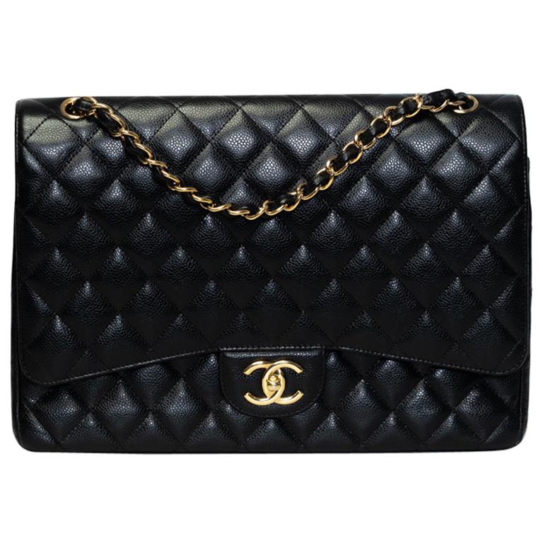 Chanel Dimond Quilted Black Caviar Leather Maxi Classic Double Flap Bag For Sale