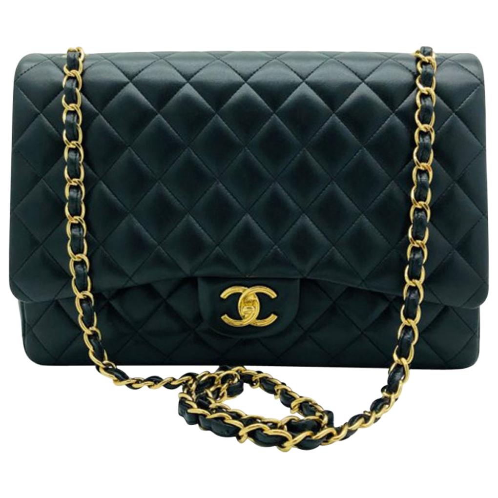 Chanel Maxi Classic Flap Bag - Black Lambskin Gold Hardware For Sale