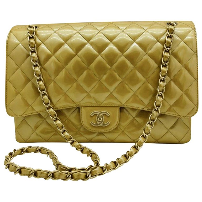 Chanel Maxi Classic Flap Bag - Gold Patent Leather Gold Hardware For Sale  at 1stDibs