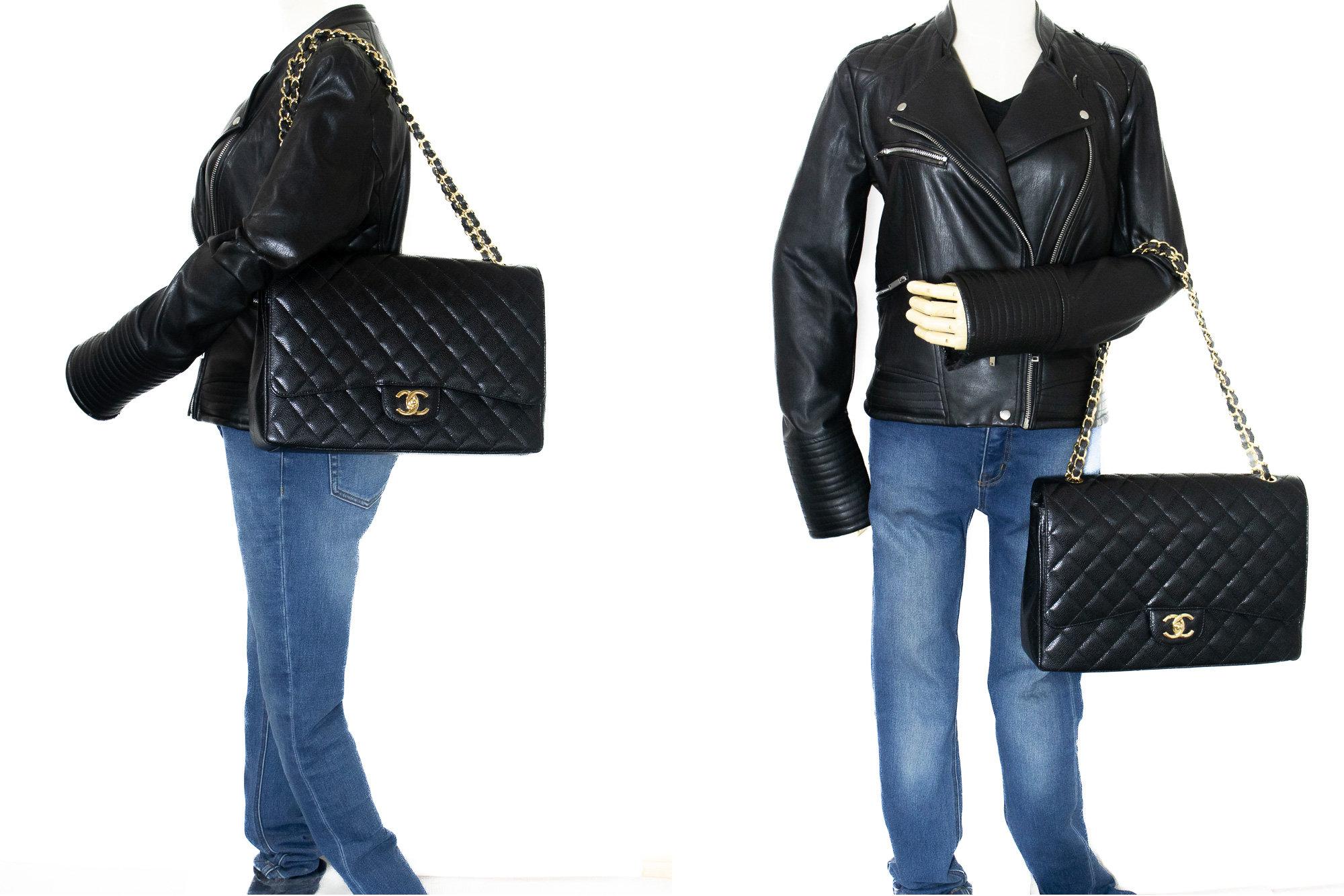 CHANEL Maxi Classic Handbag Grained Calfskin Double Chain Flap Shoulder Bag For Sale 6
