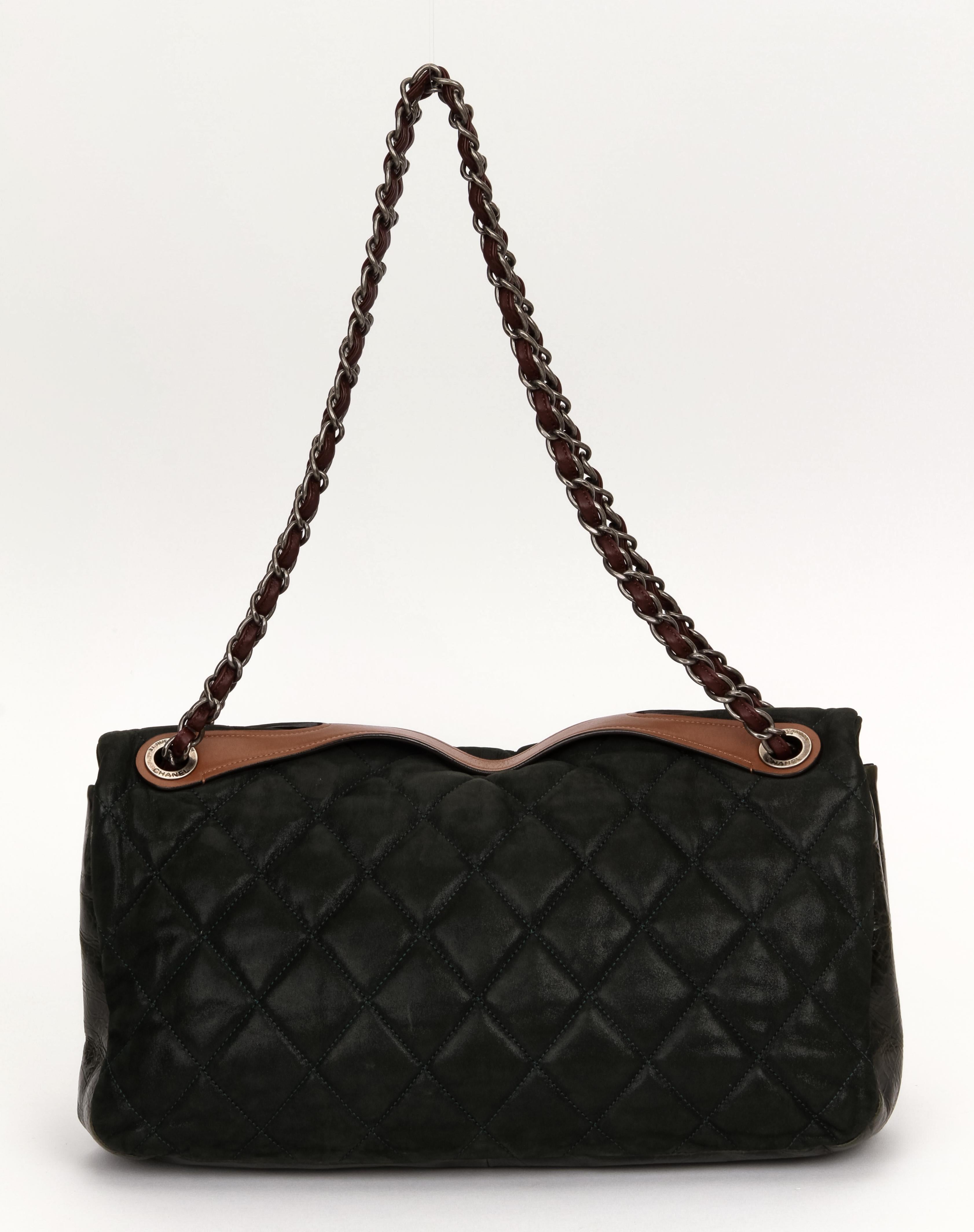 Chanel Maxi Glazed Green Brown Flap Bag In Excellent Condition In West Hollywood, CA