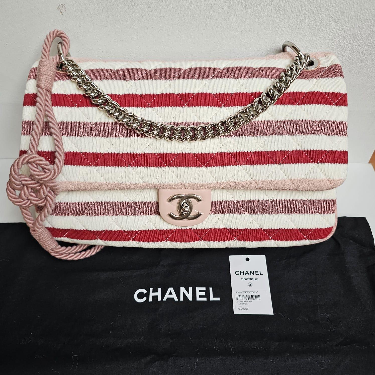 Chanel Maxi Glitter Jersey Stripe Rope Strap Flap Bag For Sale 1