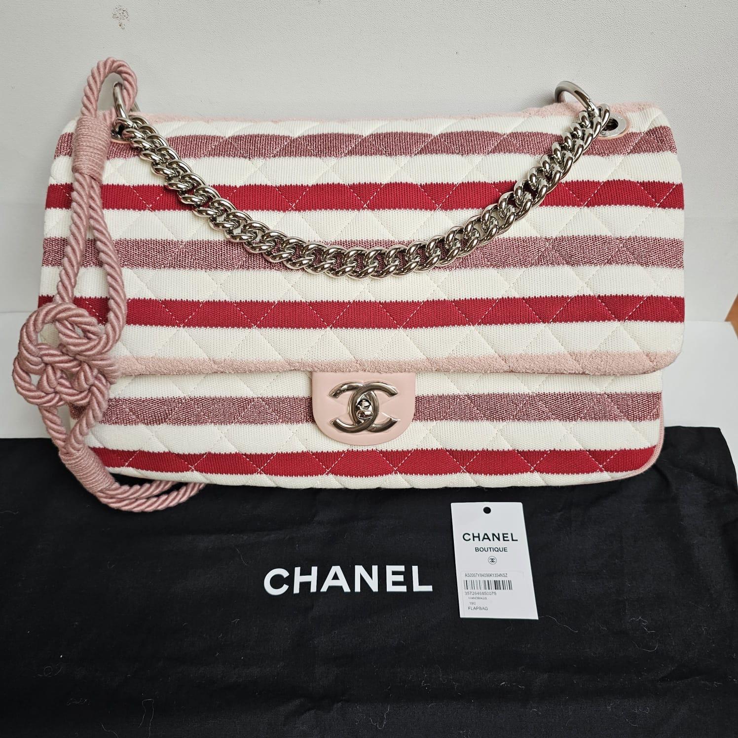 Chanel Maxi Glitter Jersey Stripe Rope Strap Flap Bag 1