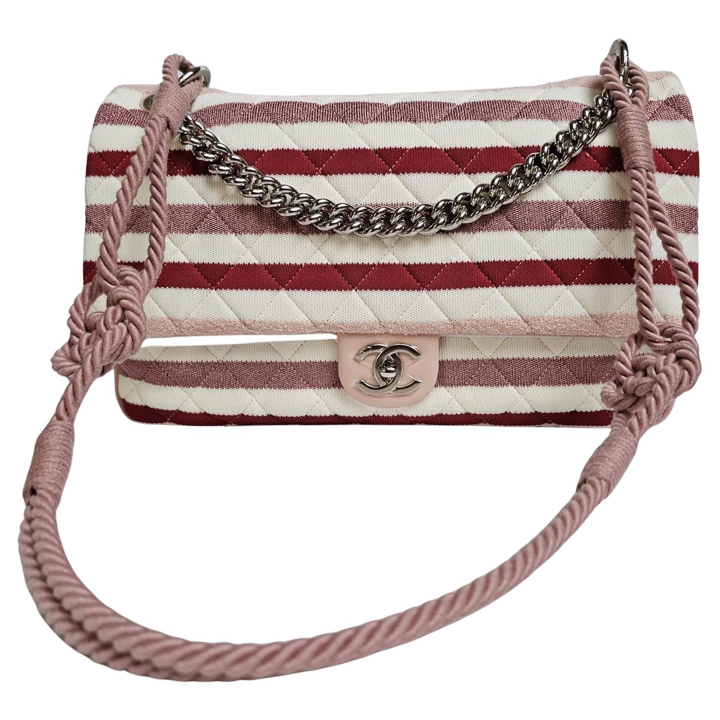 Chanel Maxi Glitter Jersey Stripe Rope Strap Flap Bag For Sale