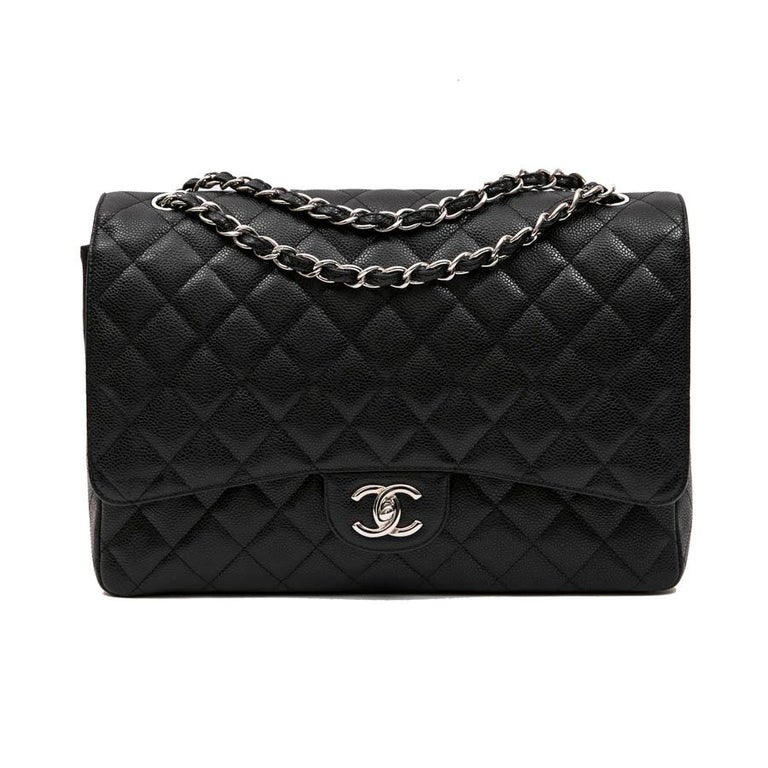 CHANEL Maxi Jumbo Double Flap Bag in Black Quilted Caviar Leather For ...