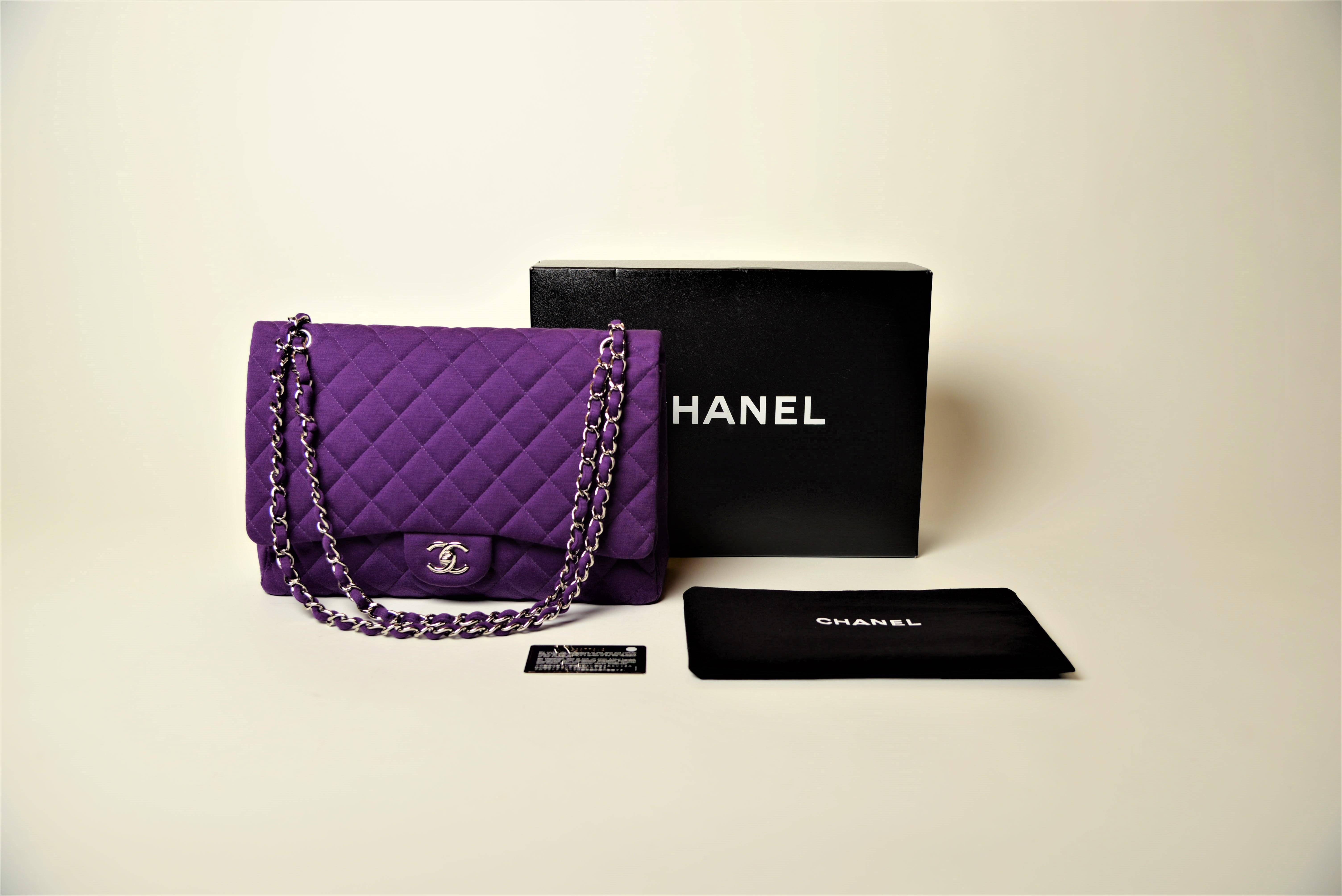Chanel Maxi Purple Quilted Jersey Classic Flap Bag Full-Set 10