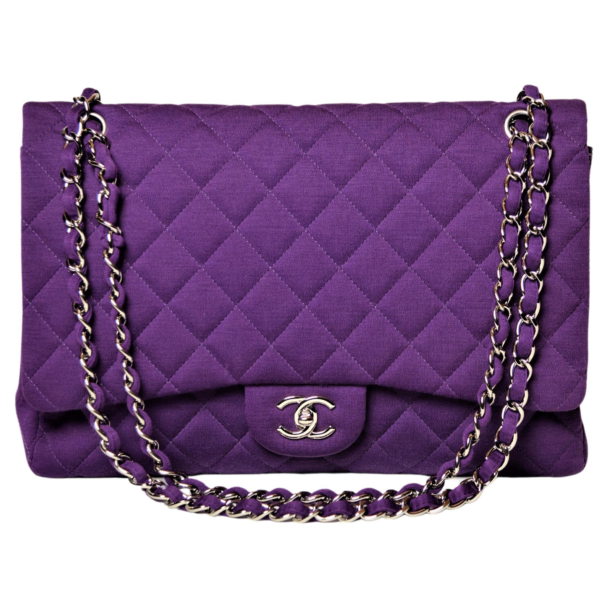 Chanel Maxi Purple Quilted Jersey Classic Flap Bag Full-Set