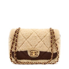 Chanel Med Flap Bag Beige Quilted Teddy Shearling Brown Lambskin w/Brushed Gold