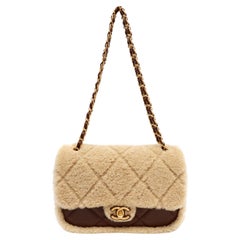 Chanel Med Flap Bag Beige Quilted Teddy Shearling Brown Lambskin w/Brushed Gold